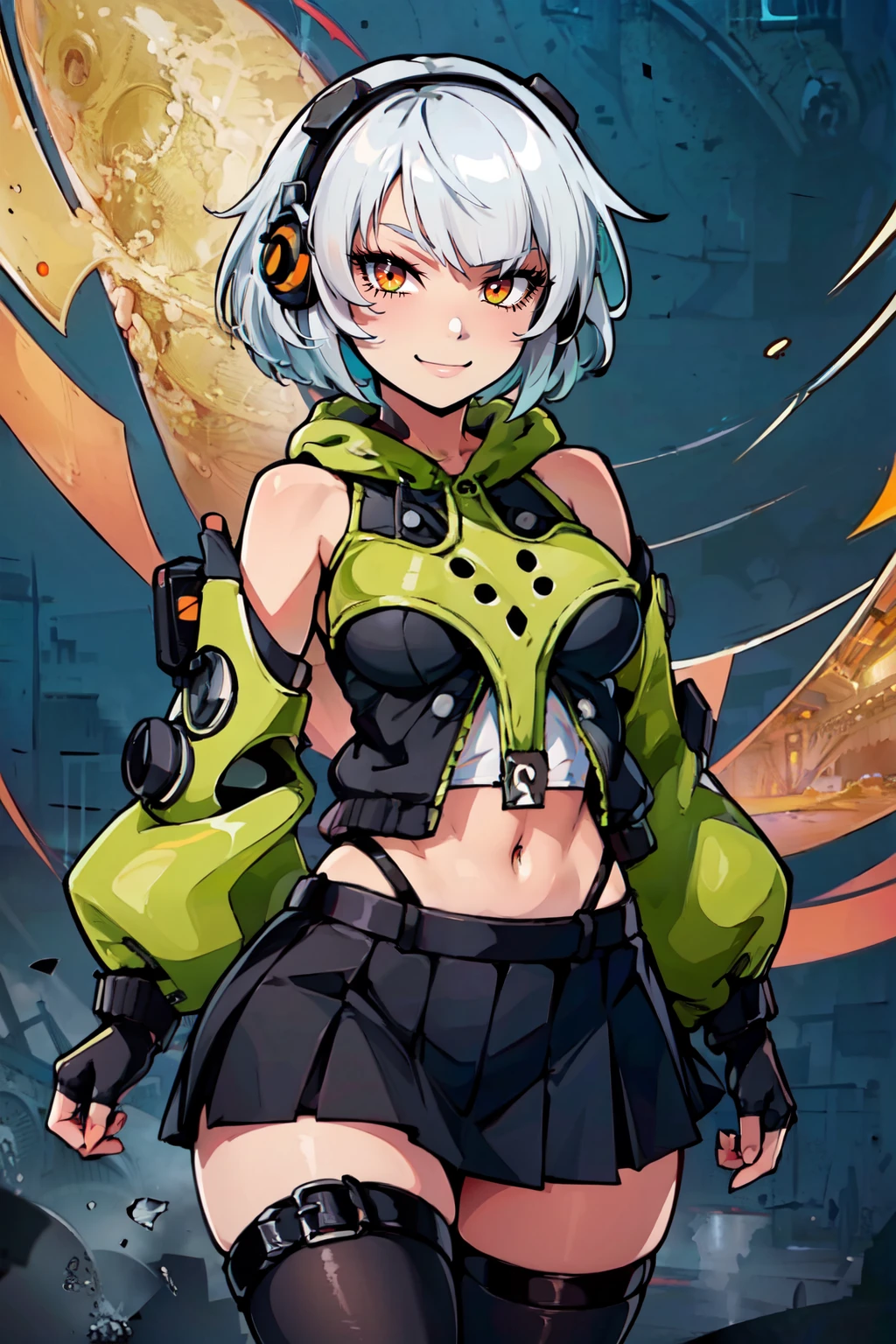 ((masterpiece,best quality)), absurdres, <lora:anby_demara:0.7>,  curvy, medium breasts, wide hips,   anby demara, orange eyes, short hair, white hair, bare shoulders, black gloves, black skirt, black thighhighs, fingerless gloves, gloves, green jacket, headphones, jacket, navel, skirt, stomach, thighhighs,  solo, smile, looking at viewer, cowboy shot,