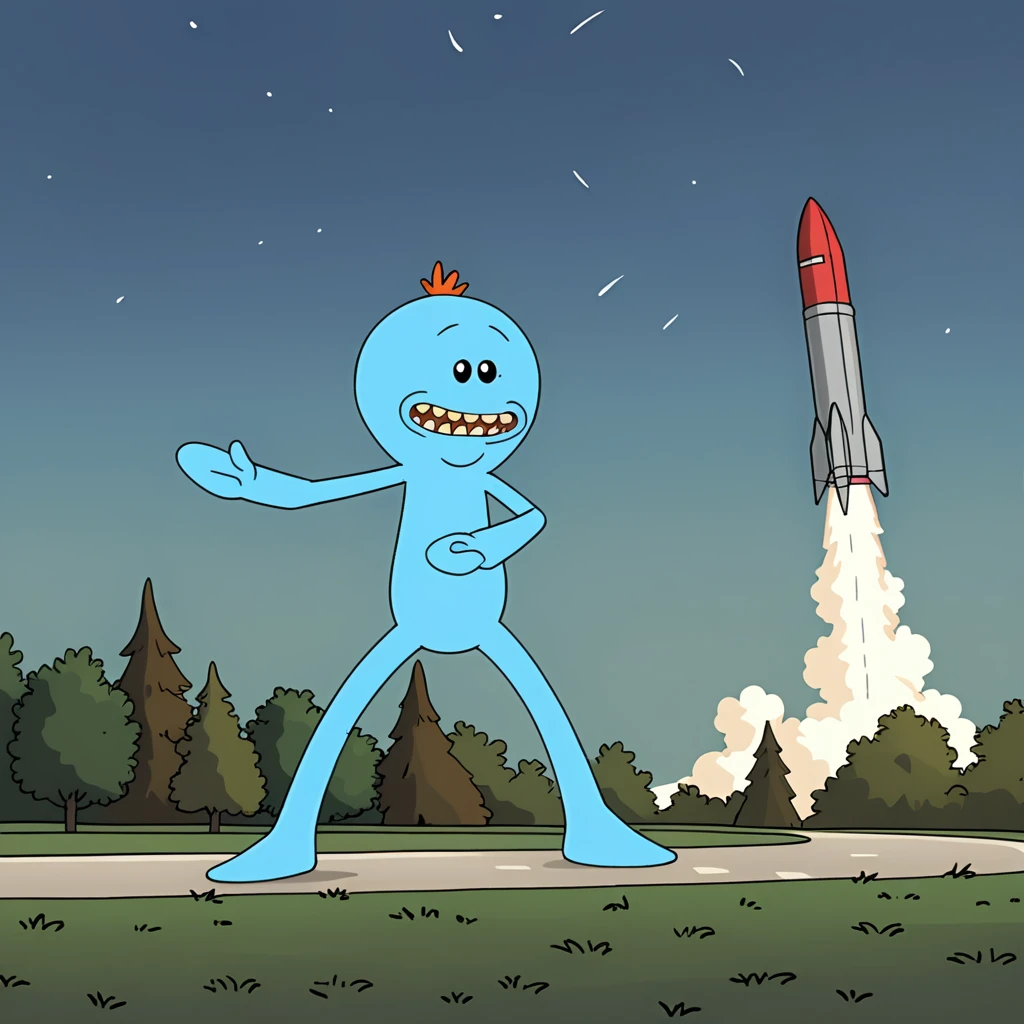 cartoon, western animation, ultimate masterpiece, meeseeks alien, at a rocket launch, (full shot, full body:1.2)
<lora:Meeseeks_AnimagineXL_V30_v1-000007:.8>