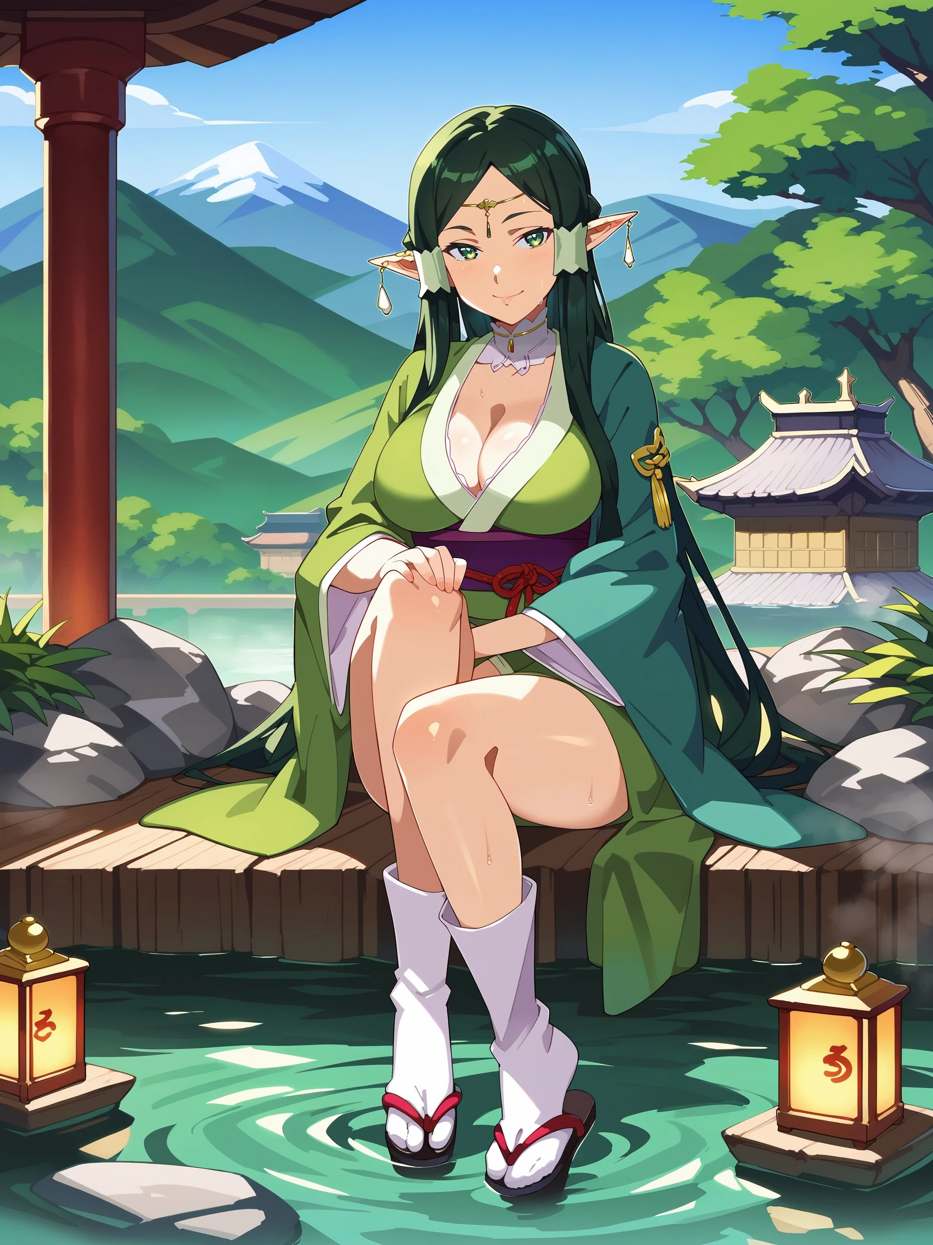 1oni woman,40 years old,mature female, oni horns, elf ear,green eyes, long black hair, sexy open green kimono, sitting on the floor, bigs breasts, breasts squeezed together, seductive expression,