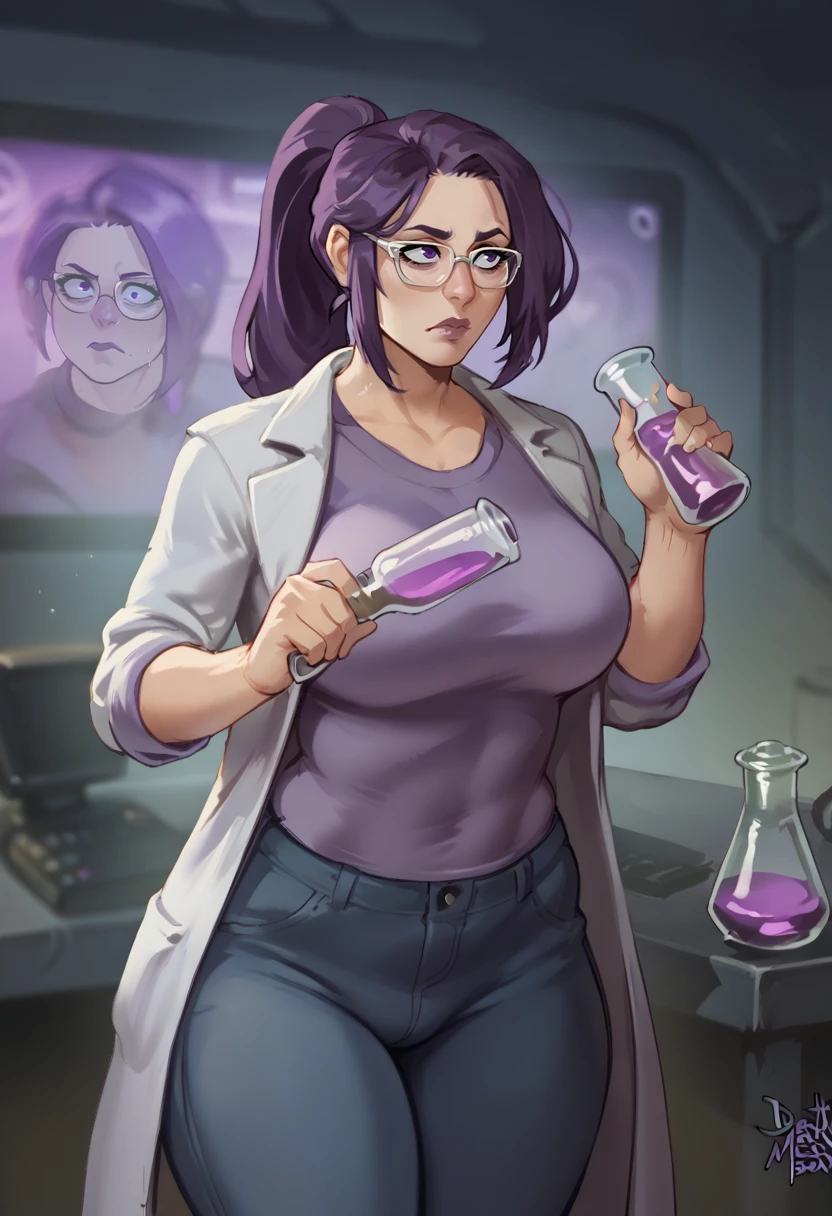 score_9, score_8_up, score_7_up, score_6_up, BREAK
A gorgeous woman: long purple ponytail, purple eyes, with glasses, wearing jeans a purple shirt, and a white lab coat, with futuristic tech around, curious expression, inquisitive face, holding a steaming flask, laboratory background, various computer screen in the background, <lora:PulenKompot-Deathmask Style-PonyXL:1> deathmask