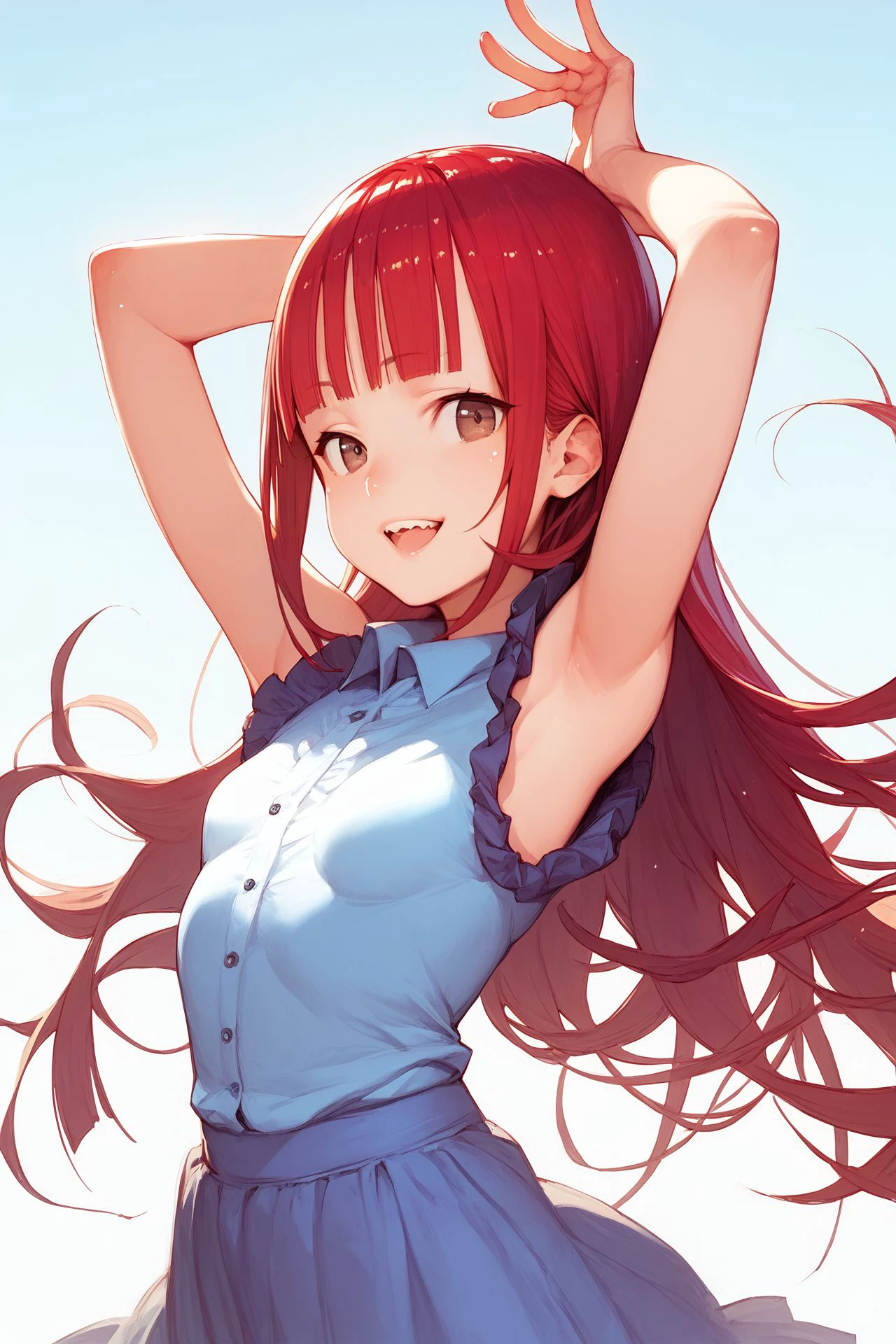 score_9, score_8_up, score_7_up, 1girl, happy, hands_behind_head, red hair, blunt_bangs, topknot, bronze eyes, small breasts, business_suit, beautiful background <lora:Haruno_Shuu_PonyXL_style_v01:1>