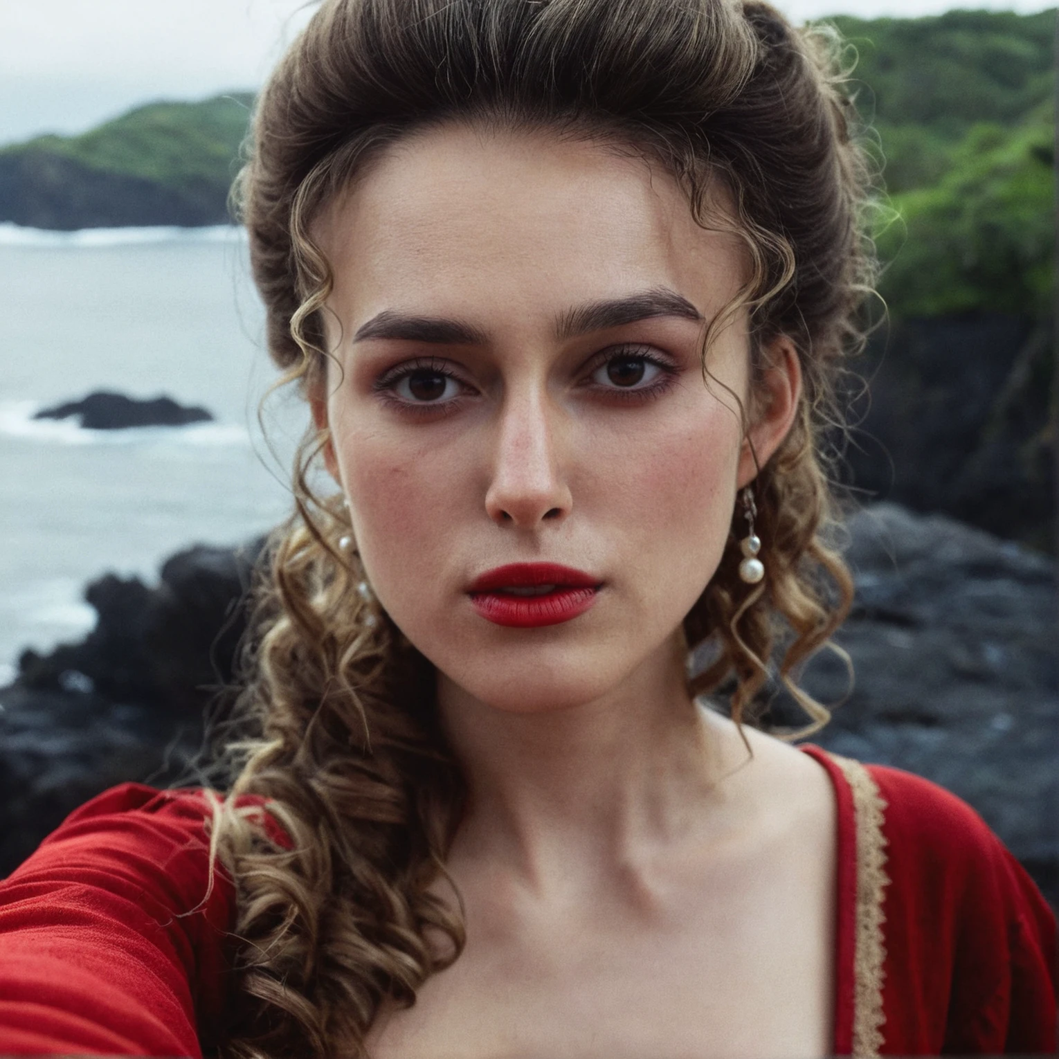 high resolution photo close up of kkn woman,long curly updo,wearing red garment,on a island,taking a selfie,gloomy,dimly lit,bokeh,depth of field,she is looking at camera