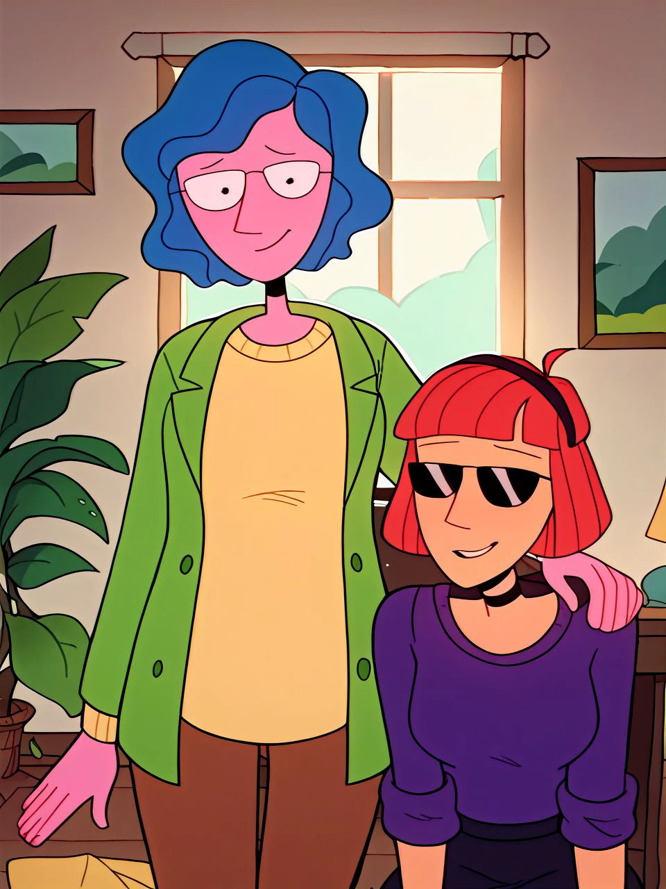 score_9, score_8_up, score_7_up, score_6_up, score_5_up, score_4_up, source_cartoon, living room, facing viewer, looking at viewer
2girls, standing behind, relaxed smile, <lora:mrsFunn13TV_PDXL:0.8> mrsFunn13TV, pink skin, black eyes, short hair, wavy hair, blue hair, glasses, yellow shirt, green house jacket, brown pants
2girls, (sitting, foreground:1.2), relaxed smile, hand on shoulder, <lora:judyTV_PDXL:0.8> judyTV, tan-skinned female, red hair, (beret:1.1), (sunglasses:1.1), purple sweater dress, sleeveless, black bodysuit long sleeves