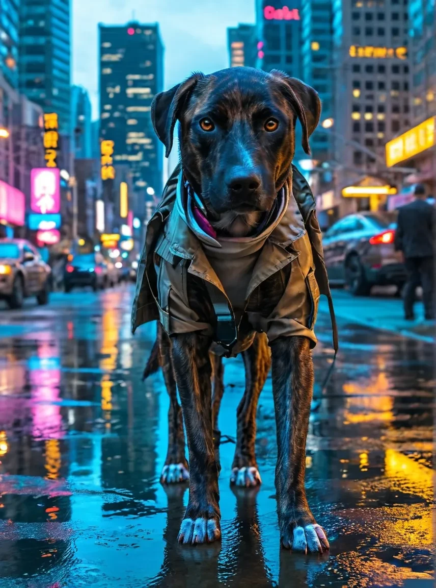 Digital art, aerial perspective, a Brown Catahoula wearing a trench coat navigating through a futuristic cityscape at night, with neon lights illuminating the sleek skyscrapers and bustling streets below, exuding confidence and determination in its stride amidst the urban hustle and bustle, with reflections of the cityscape shimmering in its eyes, portrayed in a cyberpunk-inspired style that blends elements of technology and nature, capturing the dog's adaptability and resilience in an ever-changing world <lora:Brown Catahoula Dog XL_epoch_3:1>  <lora:MJ52:0.5>  <lora:add-detail-xl:1>