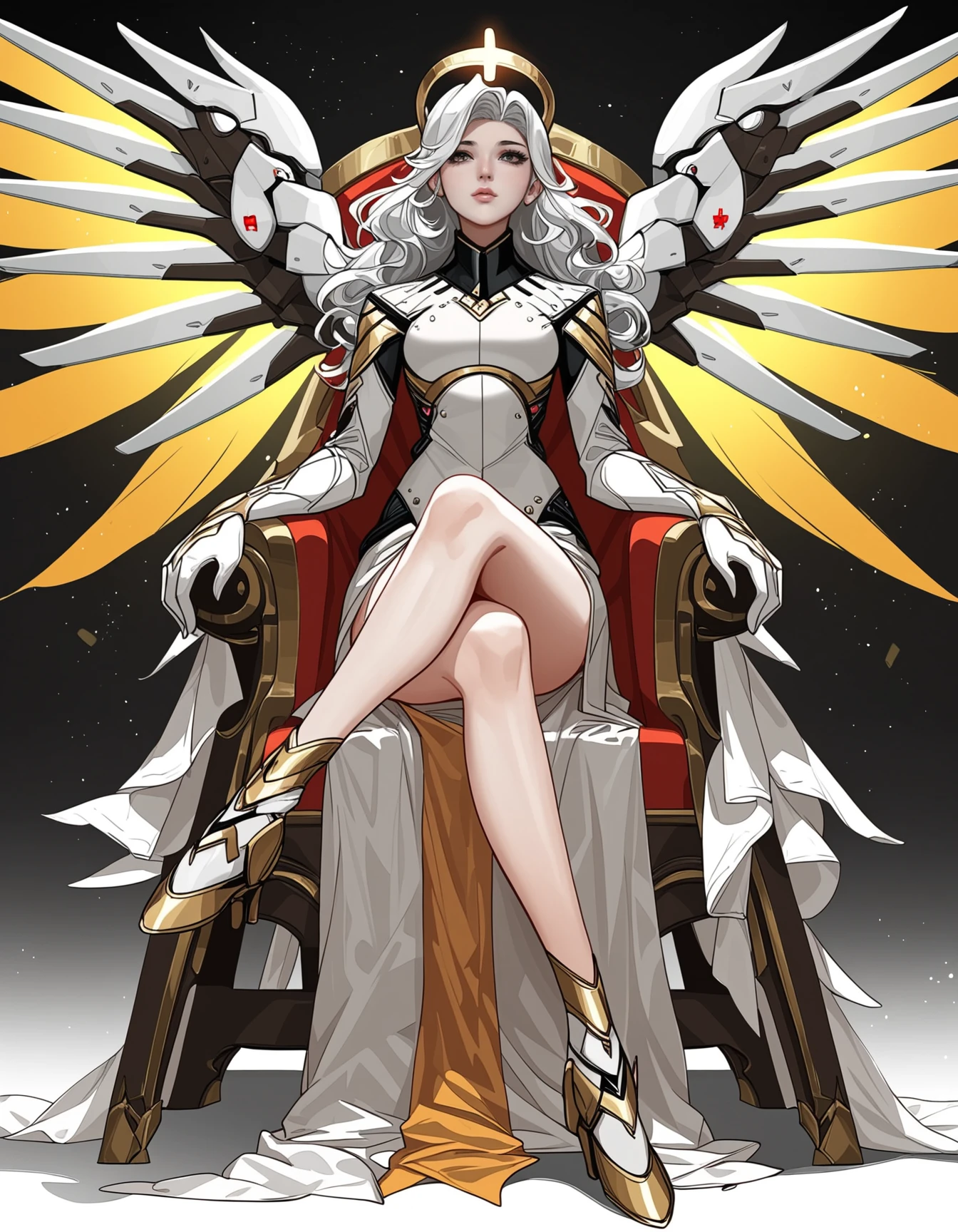 score_9, score_8_up, score_7_up, score_6_up, score_5_up, score_4_up,  
mercy, white armor, glowing wings,halo, 1girl, silver hair, golden goddess, sun goddess, sitting on red throne, legs, legs crossed, high heels, full body, long hair, curly hair, ornate white dress, white fur, black theme, black background, (golden tiara:1.2)  ,concept art, realistic  