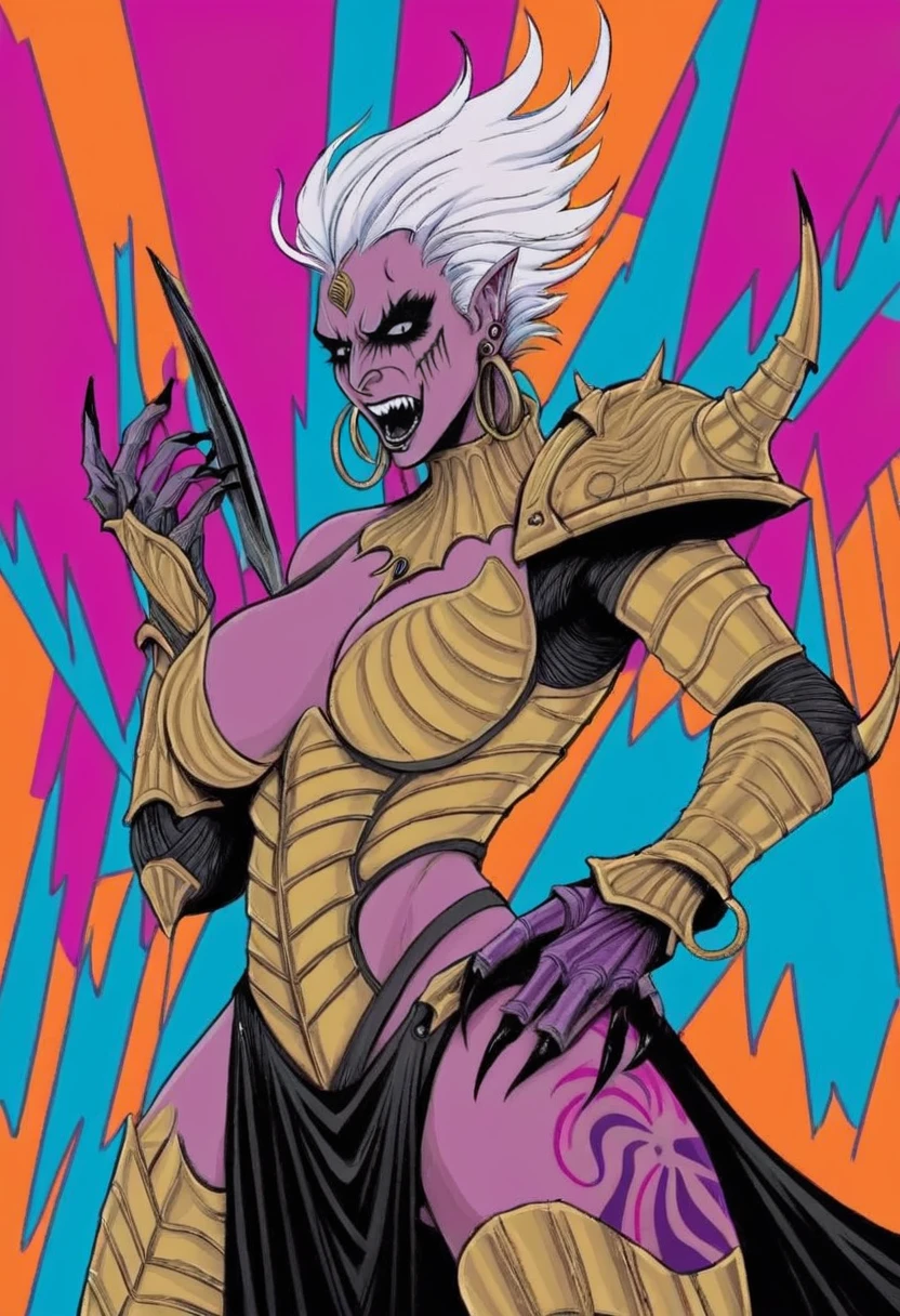 Digital illustration, comic book \(style\), Sister of Slaanesh, skimpy pink and gold power armor, tattoos, piercings, punk, short white hair, colorful, dynamic composition, envy, gritty,
extremely detailed, bold outlines, vibrant color palette, grimdark, line art, complex, expressive, 
 <lora:Slaanesh:1>