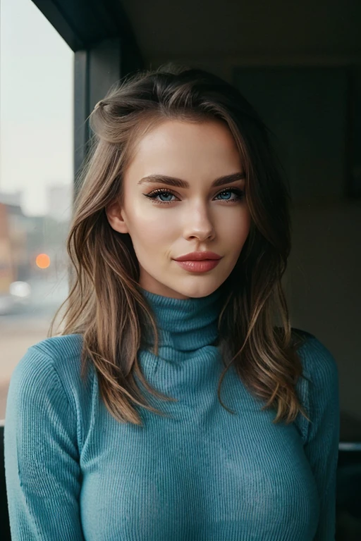 Straight Choppy Layers a breathtaking high quality cinematic still of a beautiful blonde woman, <lora:VeronikaAndris_V1:1>, highly detailed face, black eyeline, perfect styled hair, long honey blonde hair, 8K, masterpiece, ((wearing a blue:1.5 skintight turtleneck sweater)), 50mm portrait lens, vignette:1.3, summer evening, cinematic lighting, warm golden hour, lighting, upper body shot, eye level, dutch angle, shot on Leica M3, EKtar 100 film, in style of Martin Schoeller