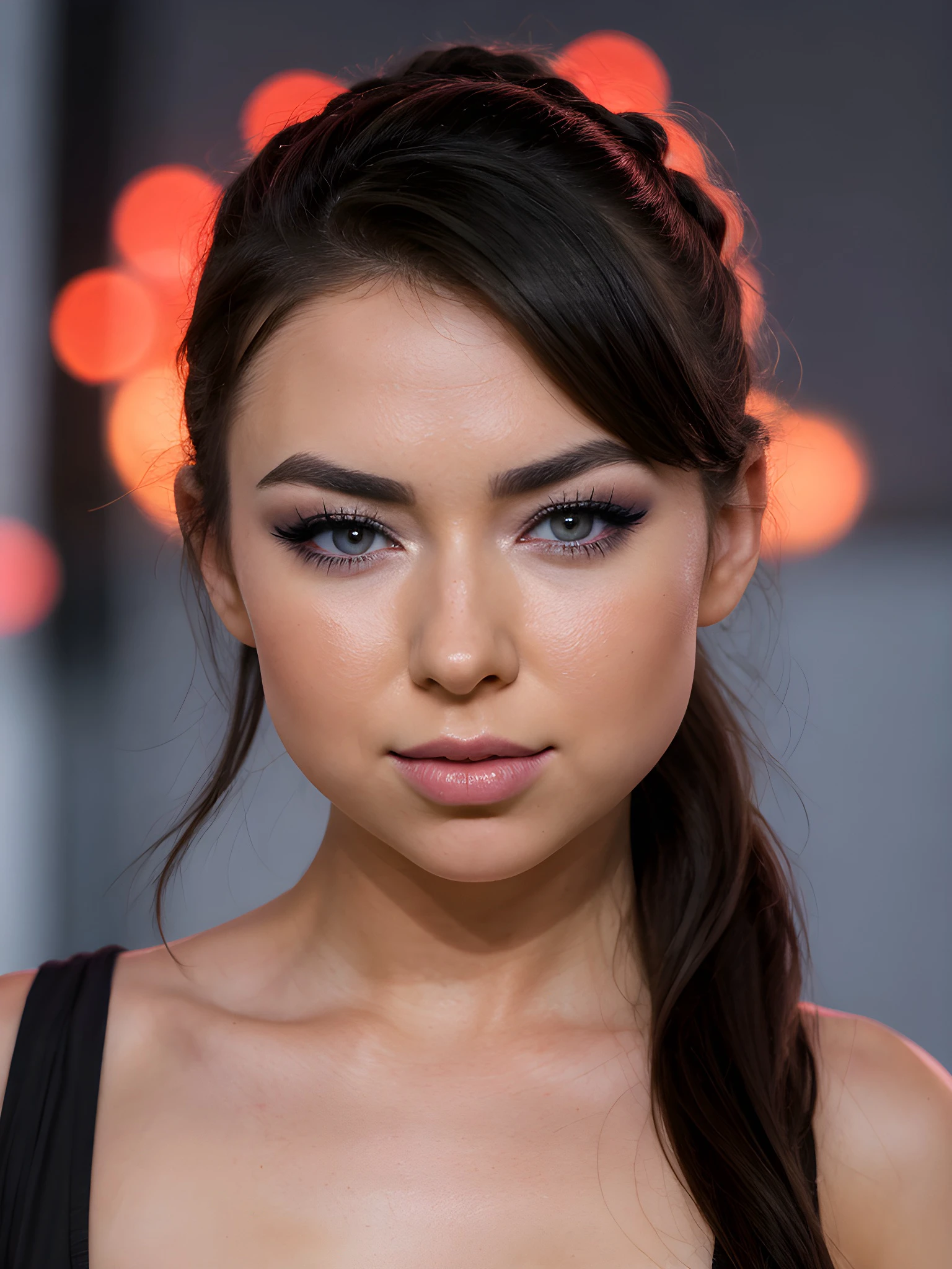 close-up photo of M3l1ss4M00r3_V1-Emb , makeup, eyeshadow, simple background, 8k uhd, high quality, dramatic, dramatic lighting, realistic , lifelike texture