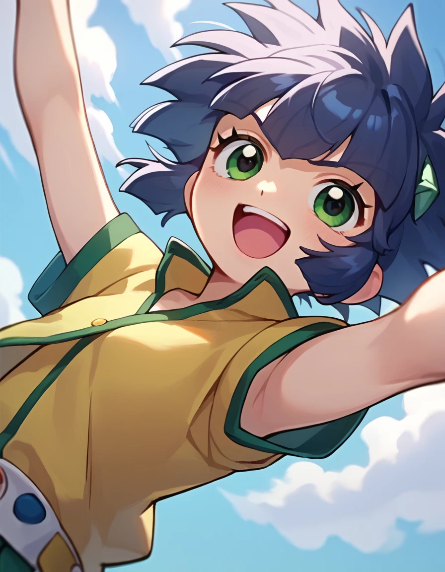 score_9, score_8_up, score_7_up, 1girl, source_anime, solo focus, kaoru casual, yellow vest Enthusiastic Cheering: Cheer with excitement your arms raised in the air and your face beaming with joy conveying enthusiasm and support. <lora:Kaoru-50:1>