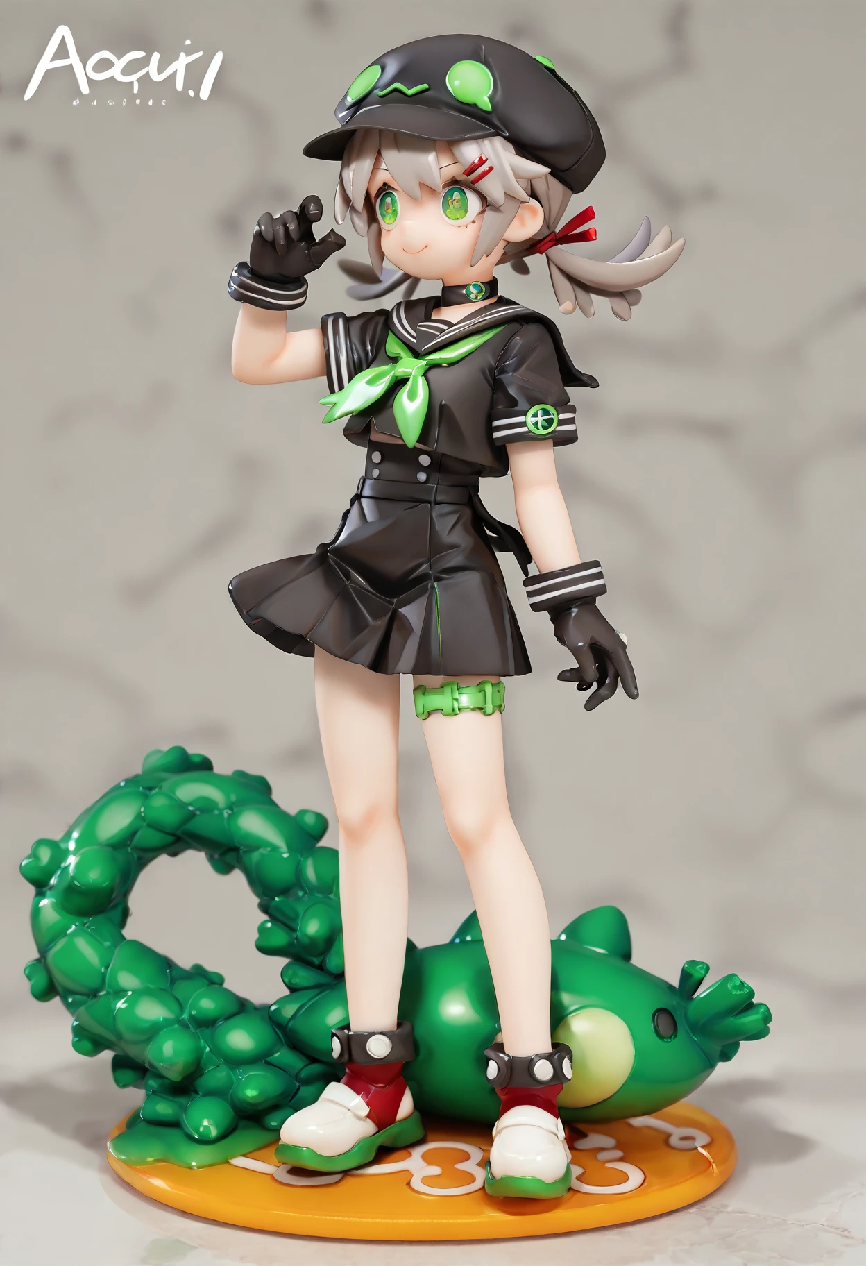 (score_9,score_8_up,score_7_up),source_anime,alter, 1girl, solo, sailor_collar, green_eyes, hair_ornament, hairclip, shirt, colored_skin, school_uniform, neckerchief, simple_background, green_neckerchief, serafuku, smile, grey_hair, twintails, gloves, black_shirt, skirt, hat, black_gloves, choker, low_twintails, blue_skin, full_body, black_headwear, black_skirt, standing, short_sleeves, short_twintails, closed_mouth, black_choker, thigh_strap, shoes, white_footwear, cabbie_hat, <lora:lvziXL:0.8>