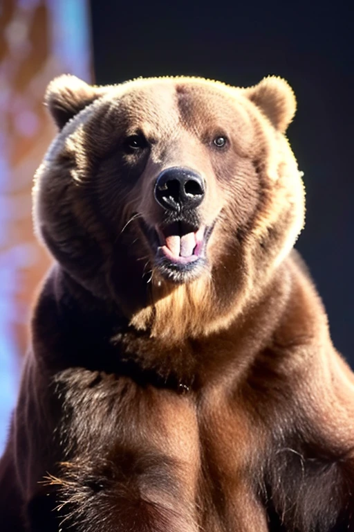 (masterpiece, best quality:1.4), 8k, highres, shiny skin, lips, super detailed skin, detailed beautiful face and eyes, spotlight, professional lighting, hands up, smile, An adorable grizzly bear cub playfully standing on its hind legs in the stage, its mouth open in a playful growl, exuding an aura of innocent mischief, sitting, kooo123, close up   <lora:grizzOO_v1:0.8>