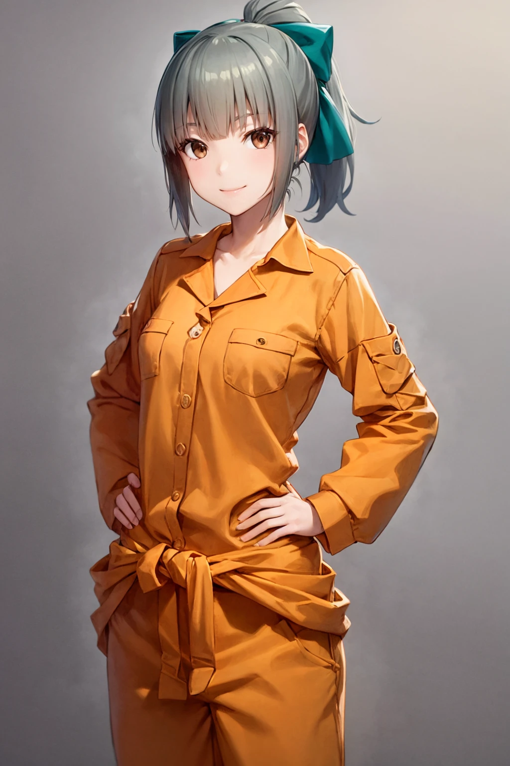 masterpiece, best quality,
1girl, yuubari \(kancolle\), grey hair, ponytail, bangs, brown eyes, hair bow,
jumpsuit, long sleeves,
hands on hips, smile, upper body, solo, looking at viewer, simple background, solid grey background <lora:Yuubari:1>