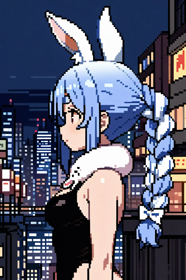 1girl, masterpiece, Usada Pekora, city background, upperbody <lora:AziibPixelArtXL_Anime:0.8>