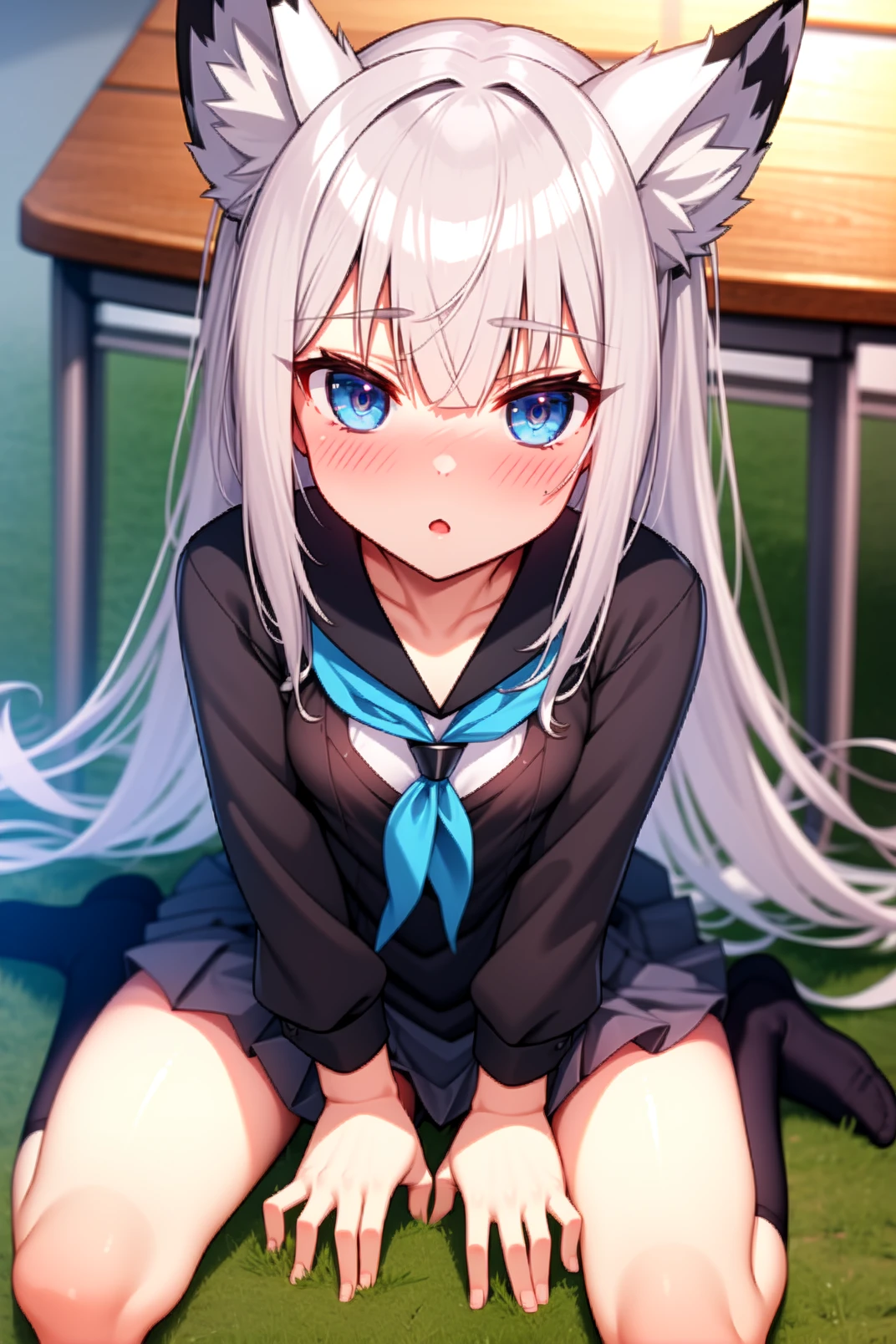 solo, masterpiece, best quality, outdoors, classroom, cowboy shot, looking at viewer, closed mouth, :o, kawakaze, blue eyes, white hair, very long hair, bangs, sidelocks, fox ears, school uniform, long sleeves, black sailor collar, blue neckerchief, black skirt, pleated skirt, black thighhighs, wariza, sitting, blush, embarrassed