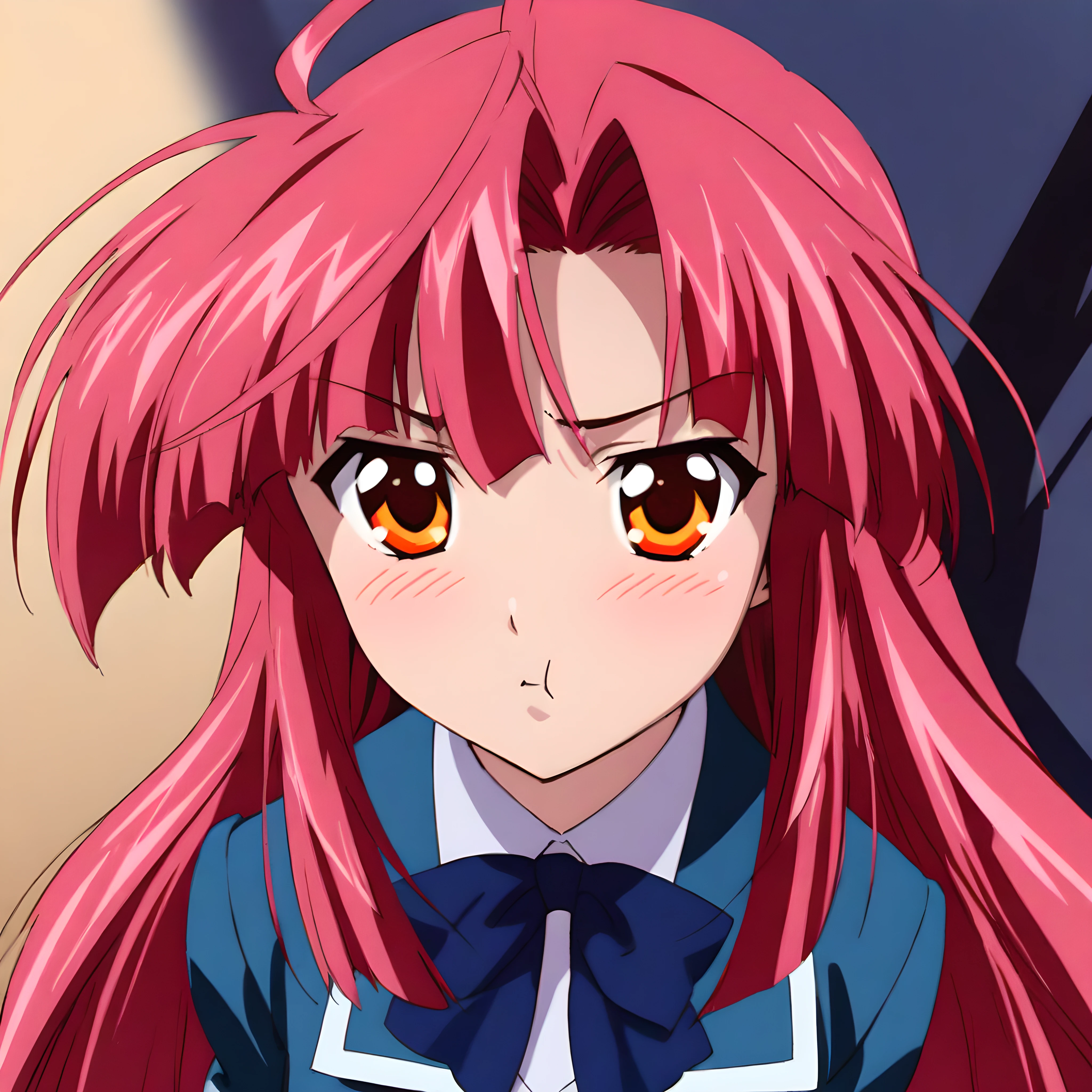(masterpiece),(best quality),(ultra-detailed),(best illustration),(best shadow),(absurdres),(detailed background),(very aesthetic), ayano kannagi, 1girl, solo, blush, red hair, long hair, pink hair, orange eyes, portrait, pout, looking at viewer, schooluni, school uniform, skirt, from the front, <lora:ayanokannagi-40:1>