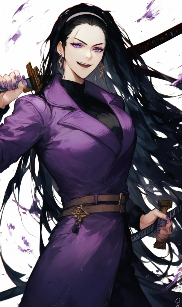 (score_9, score_8_up:1.1), score_7_up, masterpiece, <lora:Iori_Limbus_Model:1>, IoriLOR, 1girl, solo, long hair, looking at viewer, smile, open mouth, simple background, black hair, white background, holding, jewelry, very long hair, purple eyes, weapon, hairband, earrings, teeth, belt, sword, nail polish, holding weapon, scar, holding sword, katana, sheath, purple nails, purple jacket, unsheathing