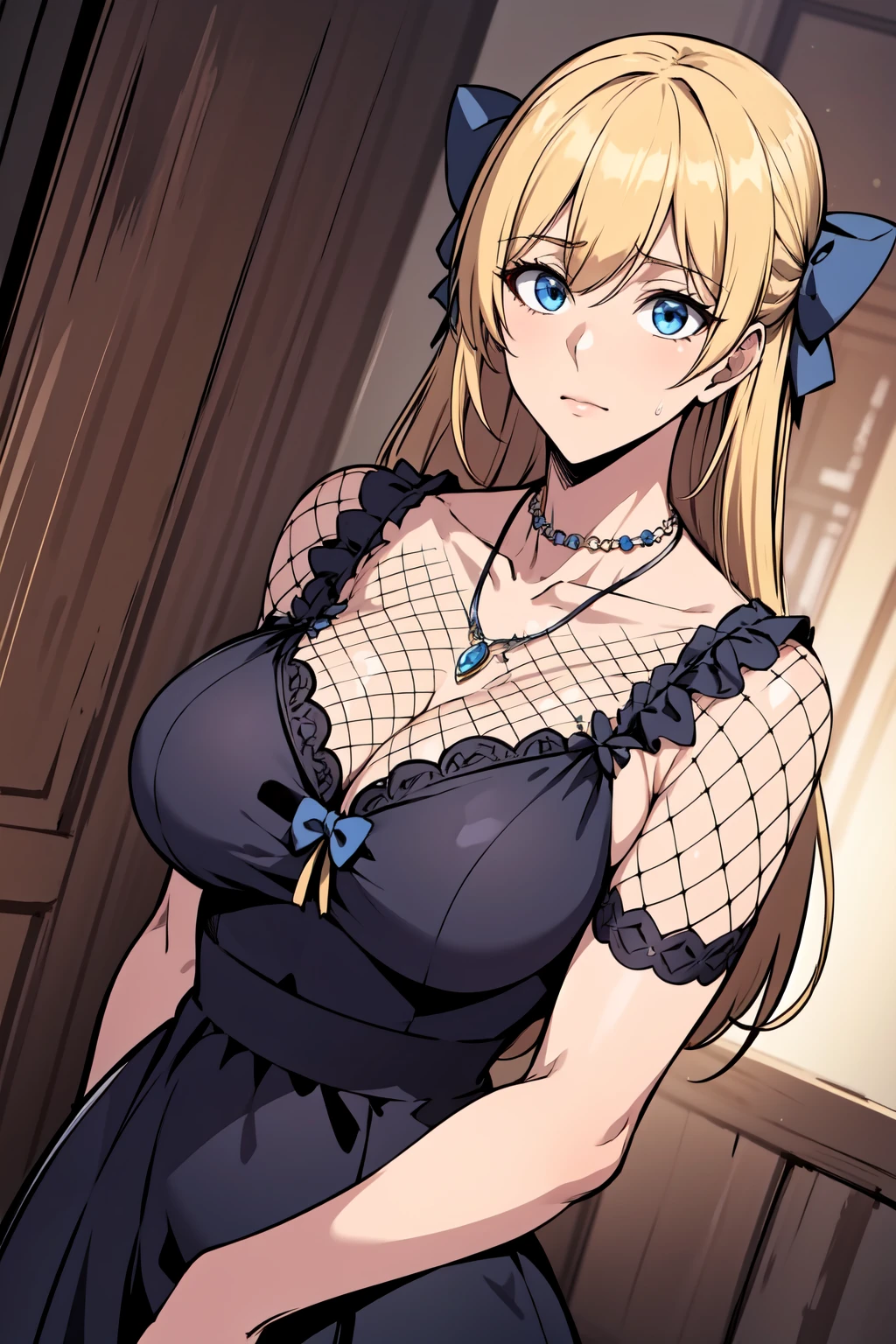 masterpiece, best quality, 1girl, solo, <lora:Teresa-000005:0.6> thg-teresa, long hair, blonde hair, blue eyes, bow, hair bow, blue bow BREAK black dress, long dress, fishnets, necklace, upper body, wide shot,  dutch angle