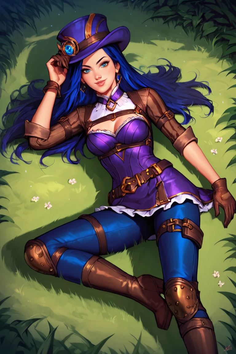 score_9, score_8_up, score_7_up, score_6_up, score_5_up, score_4_up, CaitlynLoLXL, blue eyes, blue hair, long hair, purple hat, hat ornament, medium breasts, purple dress, skirt, (brown medium sleeve:1.3), brown glove, harness, (blue pants:1.2), belt, knee pad, high boots, (lying on grass:1.2), dynamic pose, seductive smile, looking at viewer, forest, tree <lora:CaitlynLoLXL:0.8>