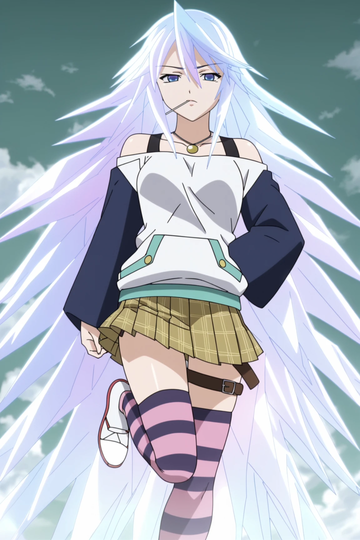 score_9, score_8_up, score_7_up, source anime, prefect lighting, very aesthetic, rating explicit,
<lora:shirayuki_mizore-v2_pony6:1>,1girl, shirayuki mizore, rosario+vampire, short hair, blue eyes, medium breasts, mizoreyuki, ice hair, anime coloring, anime screencap, serious, looking at viewer, mizoreoutfit, long sleeves, striped thighhighs, pleated skirt, necklace, lollipop, one leg belt, anime coloring, anime screencap,