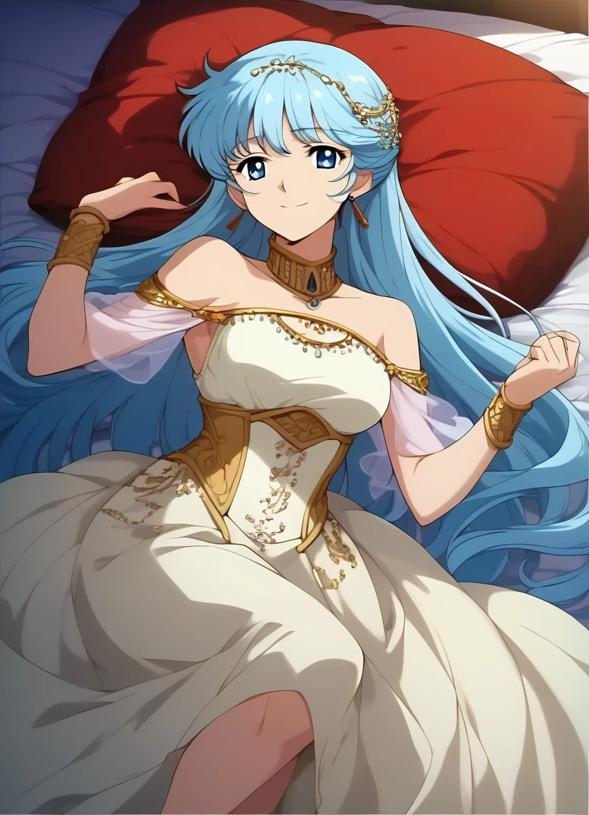 score_9, score_8_up, score_7_up, masterpiece, best quality, very aesthetic, absurdres, official art, official style, anime screencap, (game cg:1.2), megami magazine, zPDXL, zPDXLpg, <lora:plasticnovel-sdxl-pd6-000003:0.7> <lora:Flair_The_Legend_of_Reyon_Flair_Pony_v1:0.8>, 1girl, solo focus, flair, blue eyes, blue hair, long hair, (hair ornament:0.5), (hair flower:0.3), jewelry, earrings, white scheme dress, strapless, bare shoulders, medium breasts, <lora:neg4all_bdsqlsz_xl_V91:1.0> <lora:ALTXL_pony_0061_8:2.0>, <lora:Expressive_H-000001:0.3>, light smile, looking at viewer, (clear eyes:1.2), bedroom, on bed, bed sheet, pillow, on back,