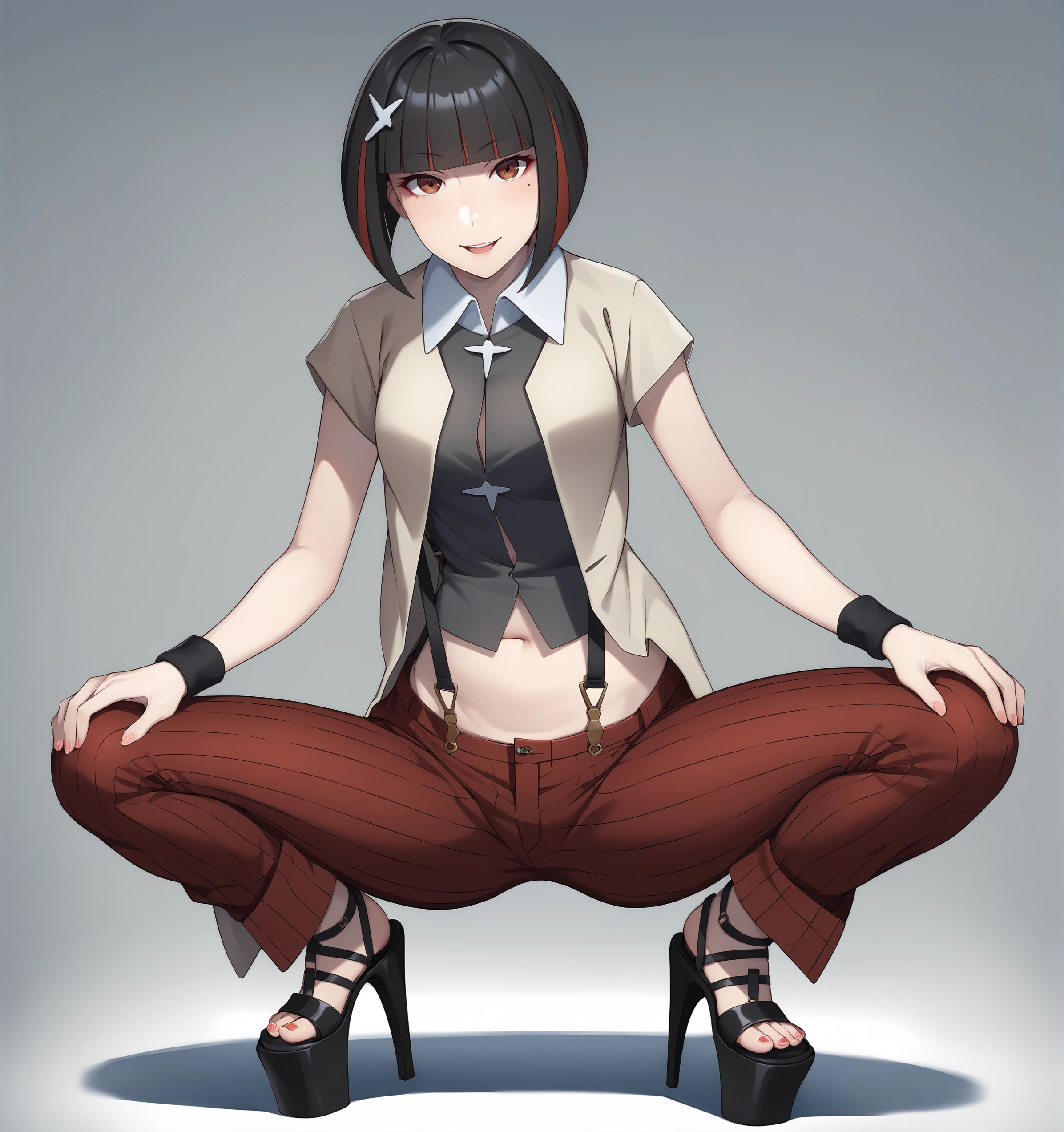 score_9, score_8_up, short hair, squatting, 1girl, solo, brown eyes, bob cut, two-tone hair, red hair,  looking at viewer, blunt bangs,hair ornament, black hair,  jacket,  wristband, collared shirt, striped pants, short sleeves, suspenders, stomach, high heels, platform heels, spread legs,  hands on own knees,  <lora:Kagenui-000011:0.8>