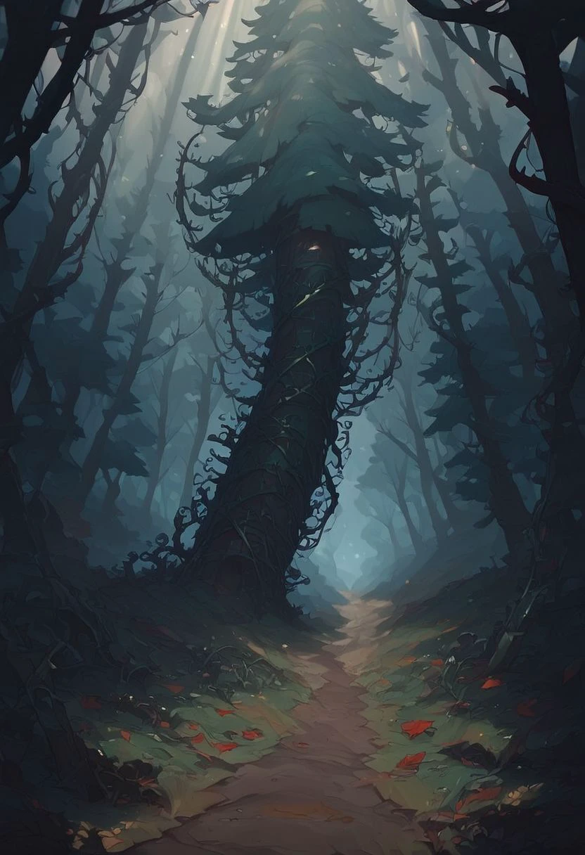 score_9_up, score_8_up, score_7_up, score_6_up
dark forest, thick trees, large trees, trees, leaves on the trees, bushey trees, dense trees, lots of trees, evil, lots of trees, path through the forest, dirt path, grass growing, vines on the trees, light beams, light coming from above