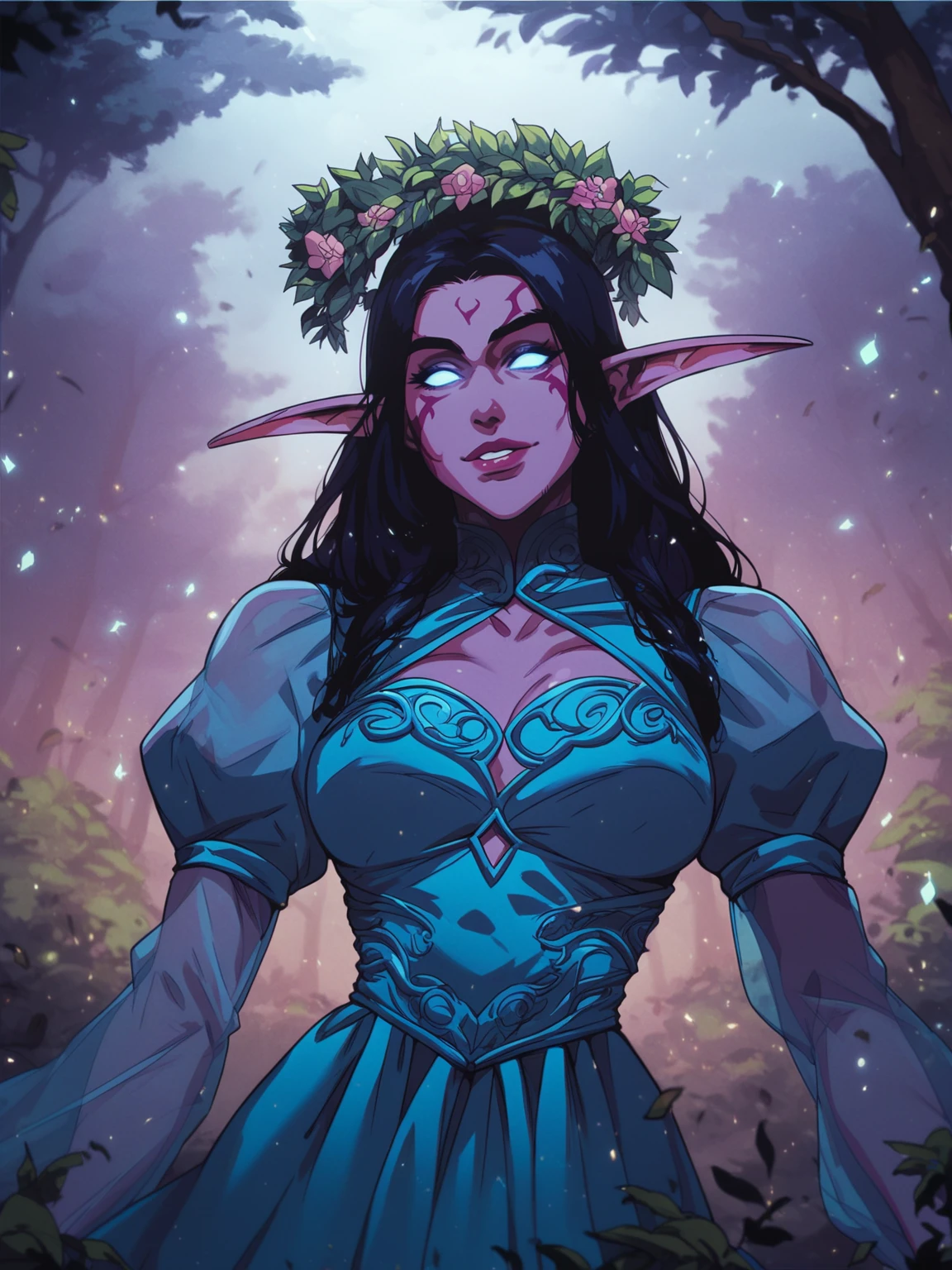 score_8_up, score_7_up, 1girl, beautiful night elf reaching towards viewer, light smile, lips, black hair, purple skin, glowing eyes, ornate cyan dress with puffy sleeves, see-through sleeves, head wreath, particles, dark forest, night, fog, fantasy,<lora:sxz-ahriman-smol-pdxl:0.8> ahriman style