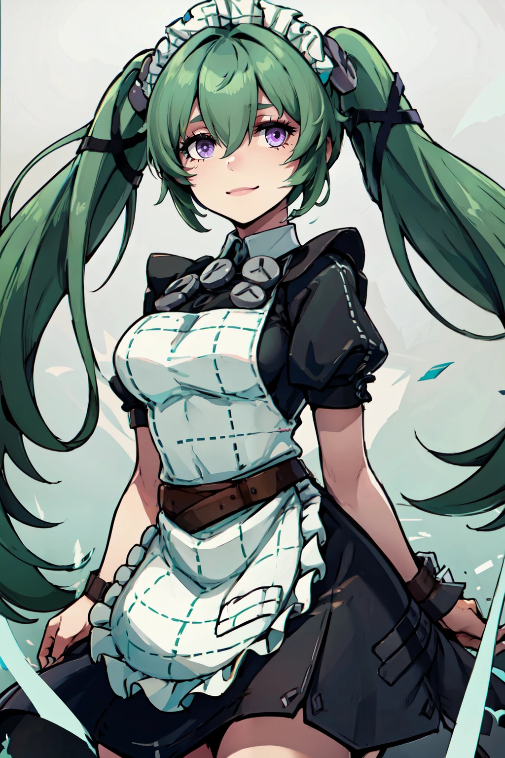 ((masterpiece,best quality)), absurdres, <lora:corin_wickes:0.7>,  curvy, medium breasts, wide hips,   corin wickes, 1girl, green hair, purple eyes, hair between eyes, twintails,   maid headdress, puffy short sleeves, black dress, white apron,  solo, smile, looking at viewer, cowboy shot,