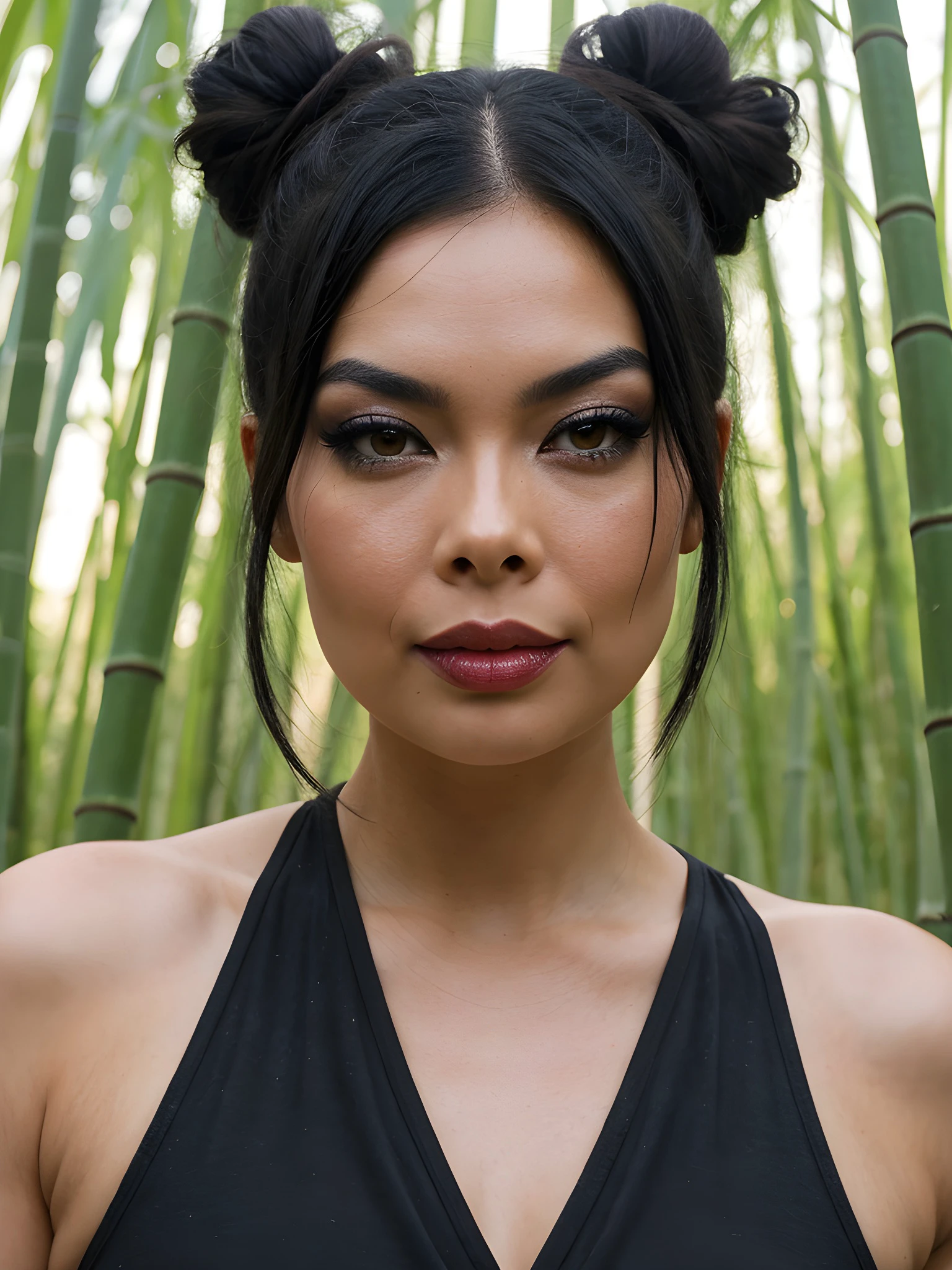 close-up photo of T3r4P4tr1ck_V1-Emb , black hair, makeup, eyeshadow, wearing casuals, in the middle of a bamboo forest, 8k uhd, high quality, dramatic, bokeh, dramatic lighting, hyper realistic , lifelike texture