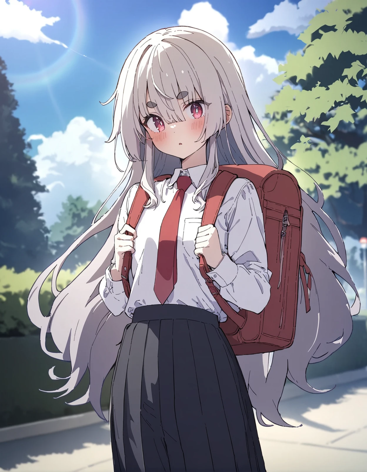 1girl,
kagawa yuusaku,
red necktie, short eyebrows, bag, outdoors, blush, black pants, pleated skirt, looking at viewer, skirt, long hair, hair between eyes, tree, sidelocks, sky, day, necktie, long sleeves, thick eyebrows, grey hair, pants, blue sky, cowboy shot, alternate costume, very long hair, cloud, solo, shirt, blurry, contemporary, blurry background, lens flare, holding strap, pink eyes, backpack, white shirt, school uniform, blunt bangs,
masterpiece, best quality, newest
<lora:kagawa_yuusaku_image239_2024-03-28_a31-000018:1>