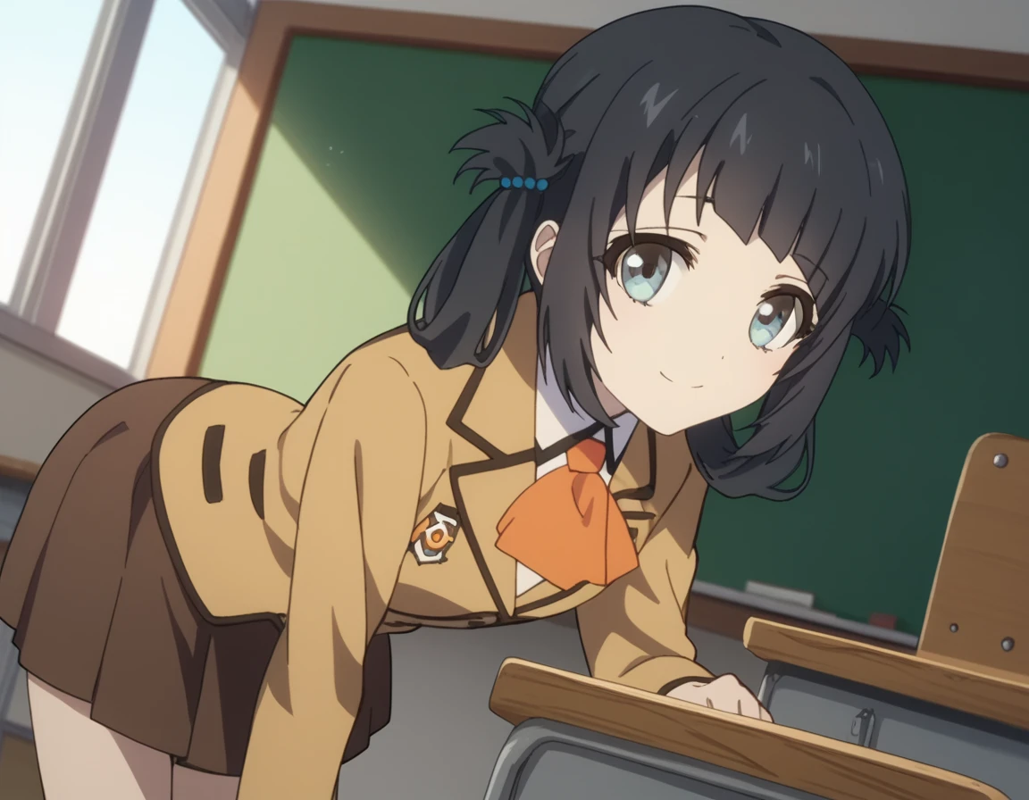 score_9, score_8_up, score_7_up, source_anime,
miunashiodome, <lora:miuna-shiodome-s1-ponyxl-lora-nochekaiser:1>,
miuna shiodome, long hair, blue eyes, black hair, twintails, hair rings, folded hair,
skirt, school uniform, socks, blazer, neckerchief, long sleeves, brown skirt, brown blazer,
indoors, classroom, bent over, smile,
looking at viewer, cowboy shot, dutch angle, solo,