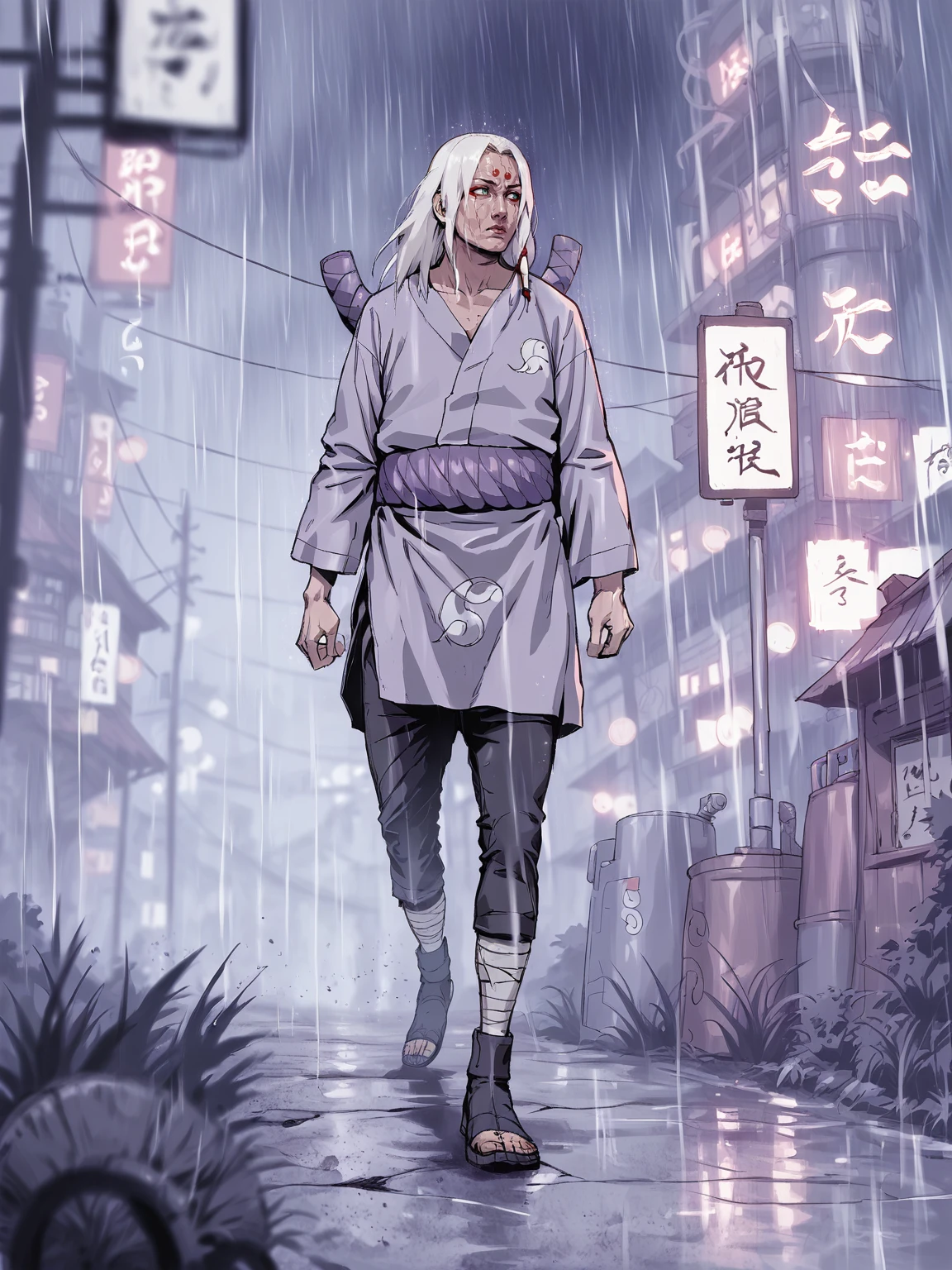 <lora:Naruto_r1:0.8>, <lora:k1m1maro-08:0.8>, 1boy, k1m1maro, green eyes, red eyeliner, forehead mark, white hair, long hair, ninja, tan tunic, long sleeves, purple rope belt, pants, looking to the side, walking, battle stance, industrial pipes, village, night, rain, solo, <lora:SeungEunKim:0.8>, score_9, score_8_up, score_7_up