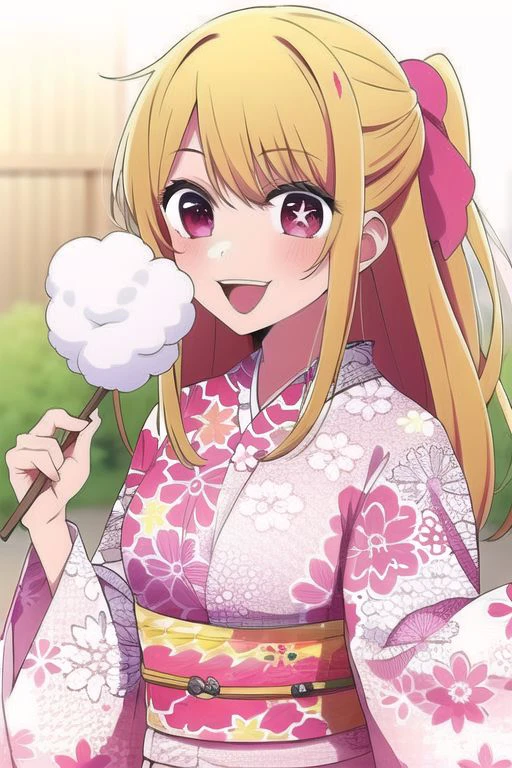 (masterpiece), hoshino ruby, star-shaped pupils, blonde hair, pink eyes, 1girl, cotton candy, japanese clothes, kimono, solo, smile, floral print, long hair, sash, obi, holding, open mouth, pink kimono