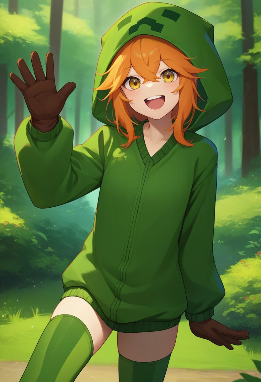 score_9, score_8_up, score_7_up, source_anime, solo, 1girl, mtcupa, happy, looking at viewer, upper teeth, waving, orange hair, yellow eyes, green hoodie, hood, long sleeves, brown gloves, green thighhighs, outdoors, forest <lora:mobtalker_creeper_ponyXL:1>