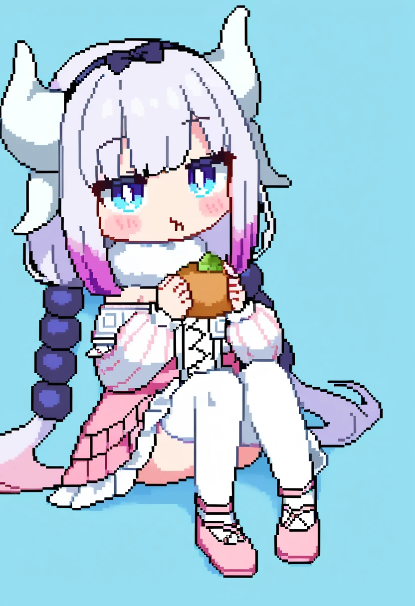 score_9,score_8_up,score_7_up,<lora:pixel_art_a3:1>,1girl, :t, animated, black_butterfly, blue_background, blue_eyes, blush, chibi, commentary_request, dragon_girl, dragon_horns, eating, frilled_dress, full_body, hair_bobbles, isometric, kanna_kamui, letterboxed, long_sleeves, medium_bangs, open_mouth, pink_dress, pink_footwear, pixel_art, shoes, simple_background, solo, very_long_hair, video, white_horns, white_pupils, white_thighhighs