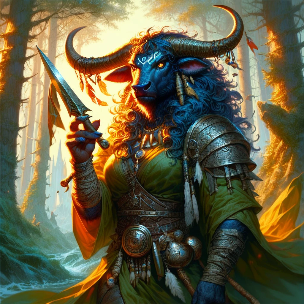 score_9, score_8_up, score_7_up, a tauren shaman, ritualistic clothing, holding a weapon, detailed forest background, realistic concept art,