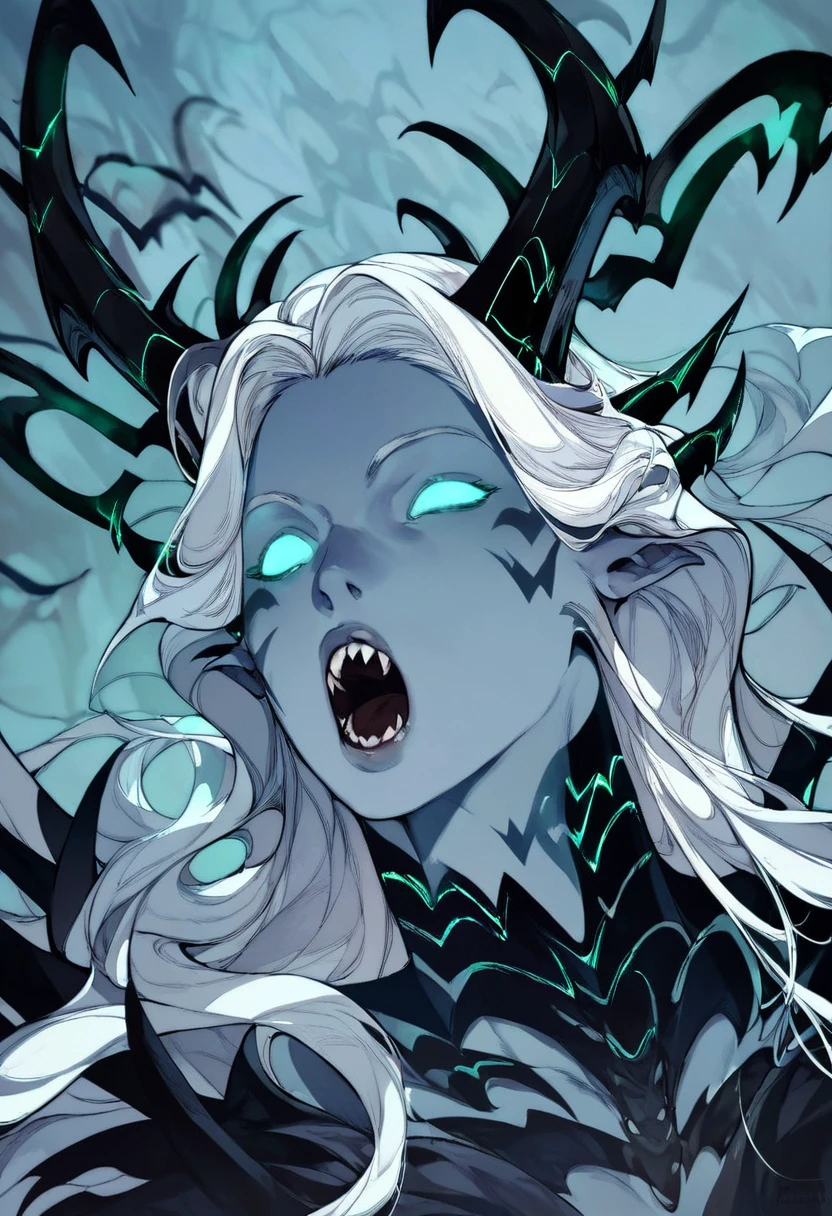 score_9, score_8_up, score_7_up, score_6_up, <lora:Demonic_Evolution_6_Character_PONT_XL_by_UOC:1>, ObsidianKing, Obsidian_King, DemonicEvolution, 1girl, solo, long hair, looking at viewer, open mouth, white hair, horns, teeth, pointy ears, glowing, colored skin, fangs, sharp teeth, glowing eyes