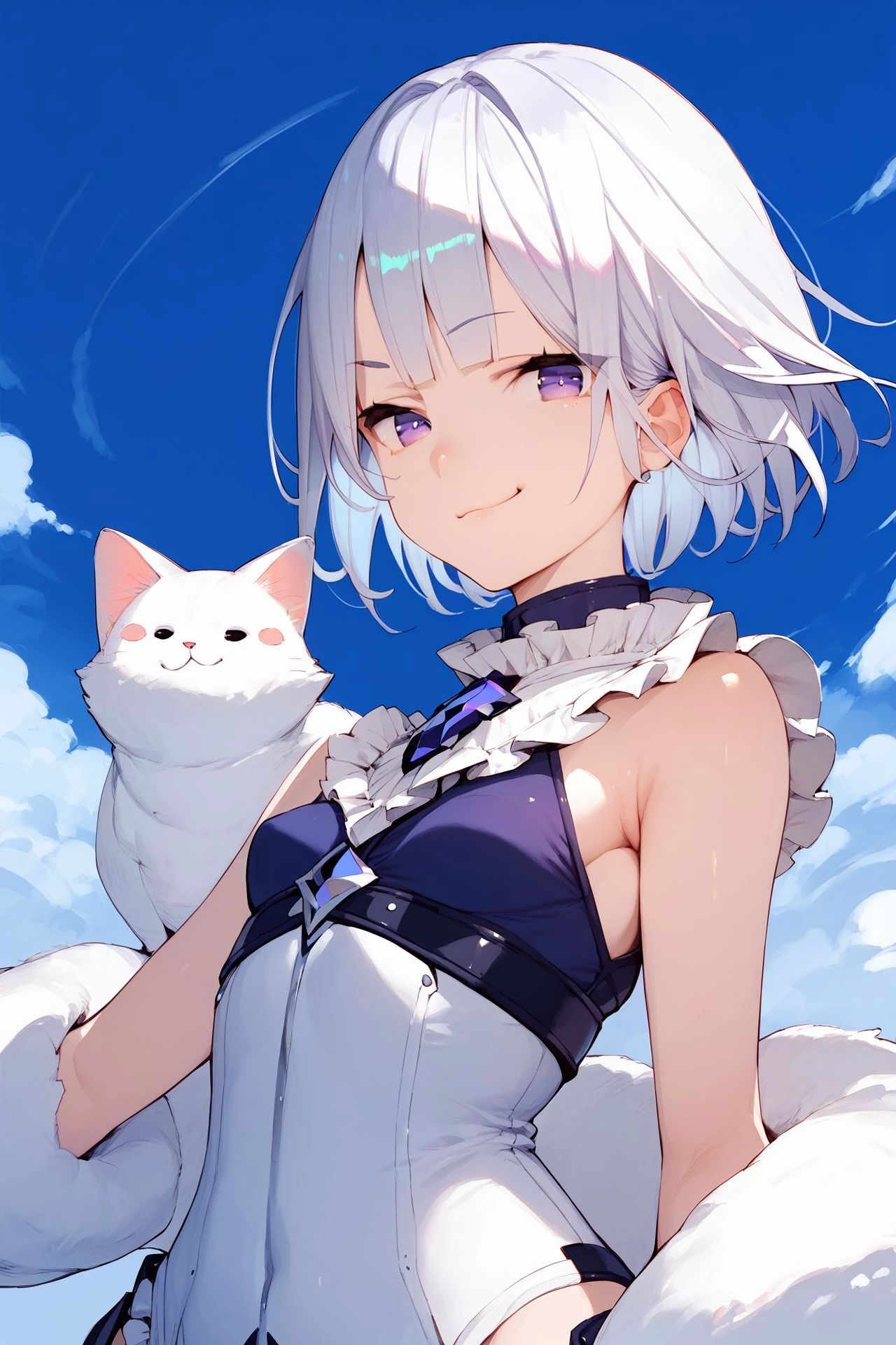 score_9, score_8_up, score_7_up, 1girl, smug, arm_up, silver hair, swept_bangs, bob_cut, light_purple eyes, small breasts, animal_costume, beautiful background <lora:Haruno_Shuu_PonyXL_style_v01:1>