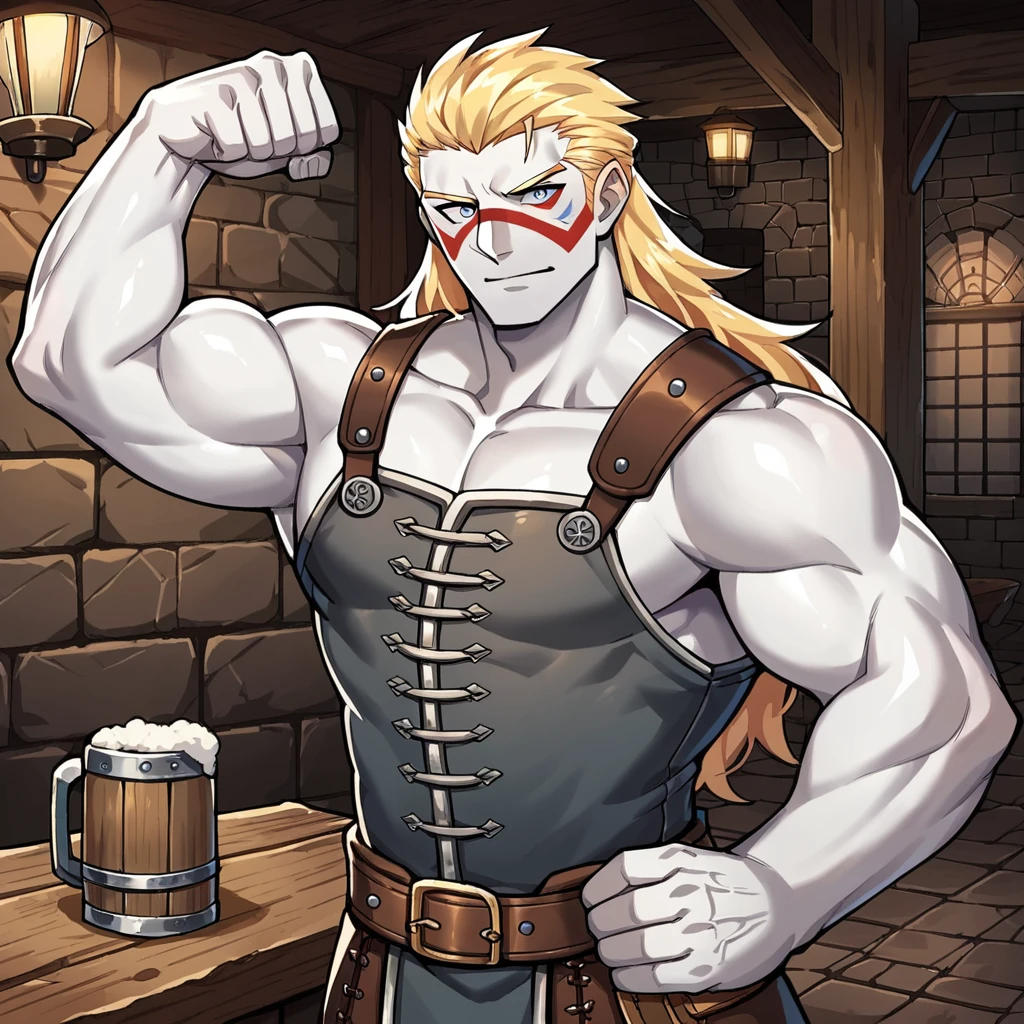 score_9, score_8_up, score_7_up, score_6_up, score_5_up, score_4_up, source_anime, 1boy, bara, solo, grey skin, white skin, long hair, blonde hair, silver eyes, flexing, cowboy shot, drinking beer, tavern, medieval, chugging, dizzy, facepaint, armor, inn room, medieval, <lora:RoegadynFFXIVPonyV1-02:1>