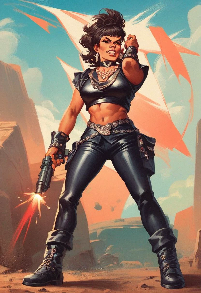 score_9_up, score_8_up, score_7_up, score_6_up, 1girl,  (Kitten_Mcgee) , jewelry, earrings, necklace, black leather crop top, boots, (painted art), arrogant smile, standing on an alien planet, laser gun, firing