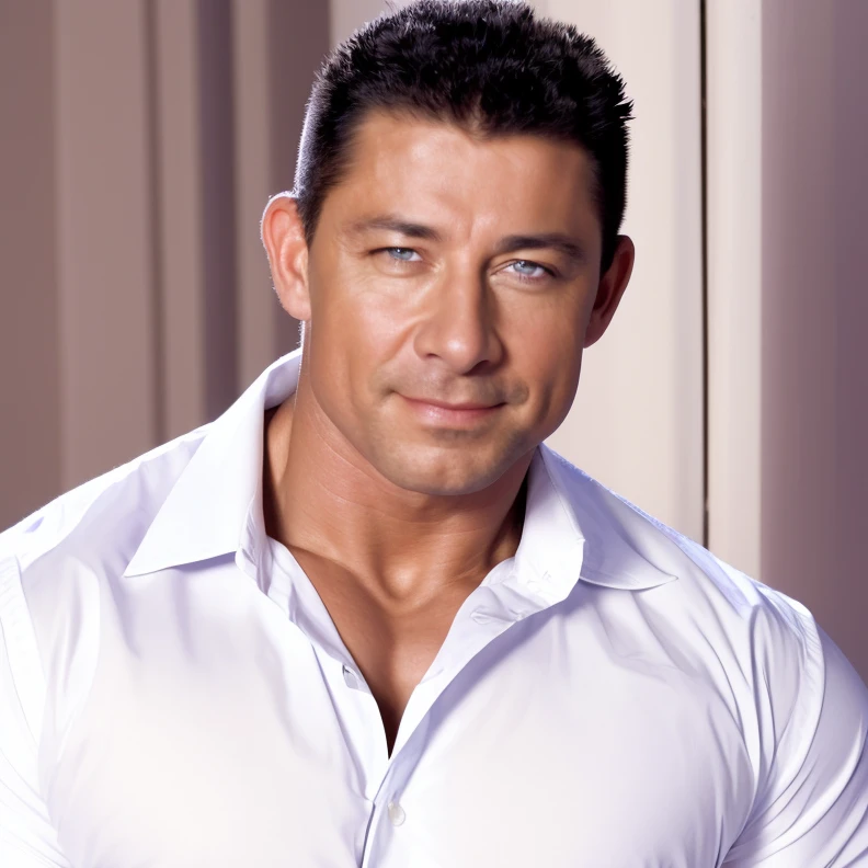 (RAW photo), 1boy, solo, <lora:RobertVanDamme:0.85>, robvandamme, white dress shirt, muscular, muscular male, absurdres, smirk, portrait