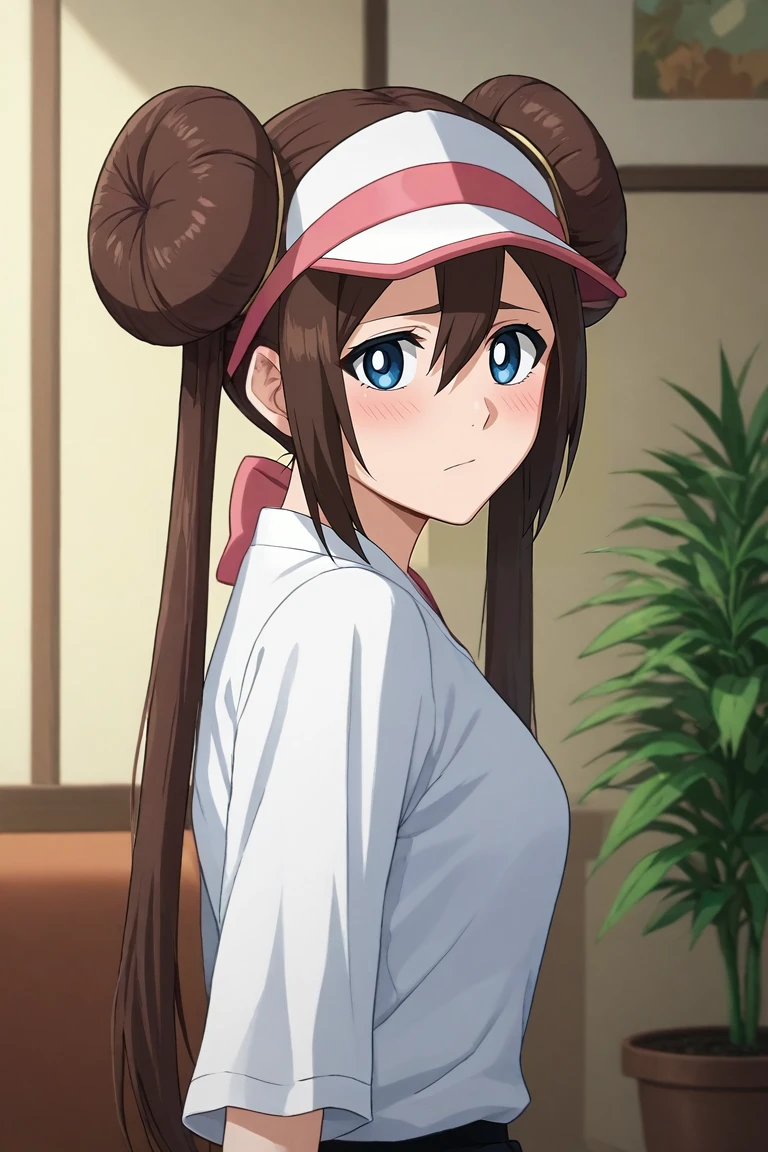 score_9, score_8_up, score_7_up, source_anime, rating_safe, intricate details, semi-realistic, looking at viewer, depth of field, 1girl, <lora:rosa_pokemon_pony:0.70>, rosa_pokemon, brown hair, blue eyes, long hair, twintails, hair bun, double bun, bangs, visor cap, hair between eyes, solo, profile, living room, plant, dark, spread arms, shy, blush, <lora:bleach_style_pony:0.8>, bleach_style, <lora:sdxl_lightning_8step_lora:1>