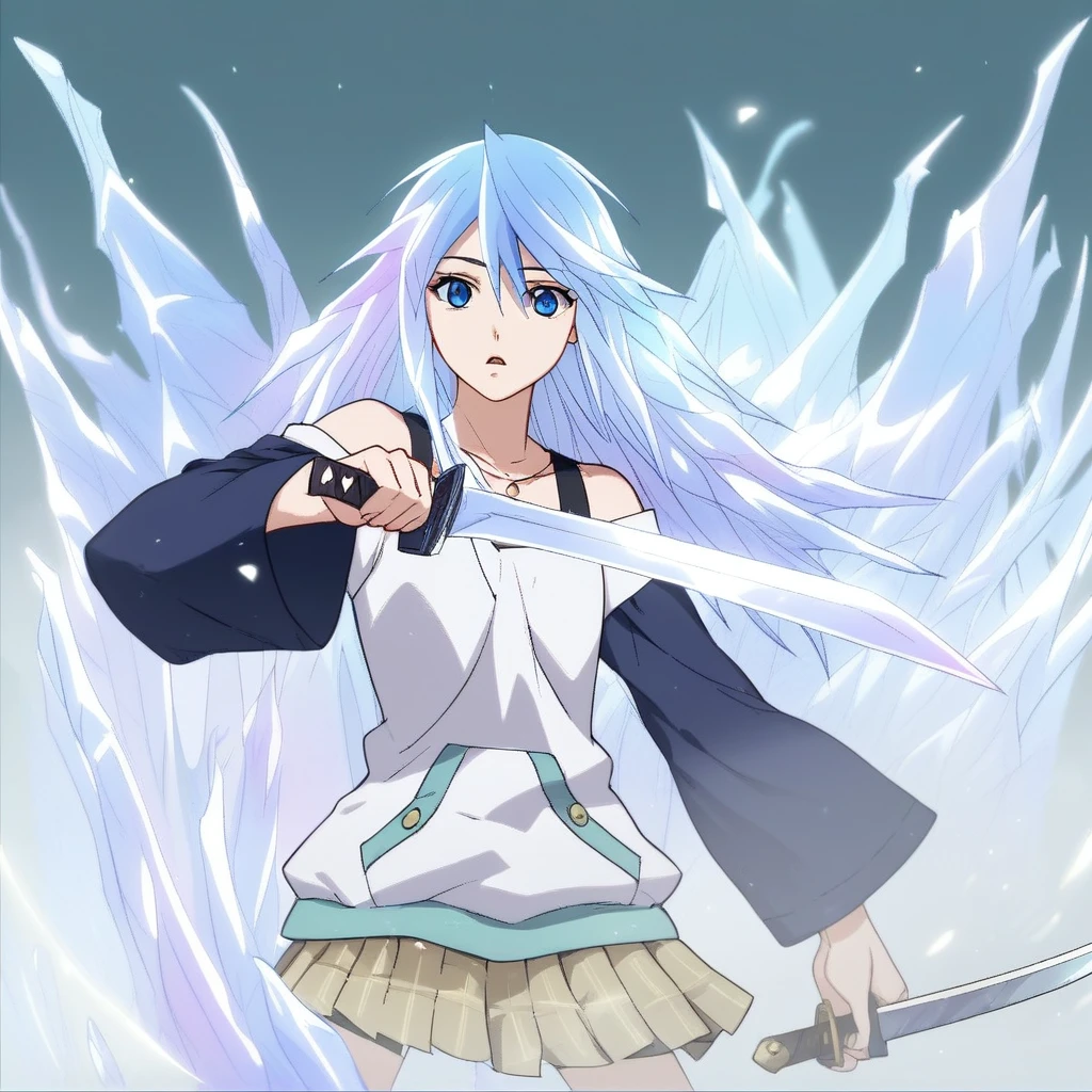 score_9, score_8_up, score_7_up, score_6_up, Mizore Shirayuki, MizoreShirayuki, mouth hold, yukionna, yuki_onna, 1girl, solo, long hair, looking at viewer, open mouth, blue eyes, bare shoulders, blue hair, weapon, sword, ice sword, ice made sword,