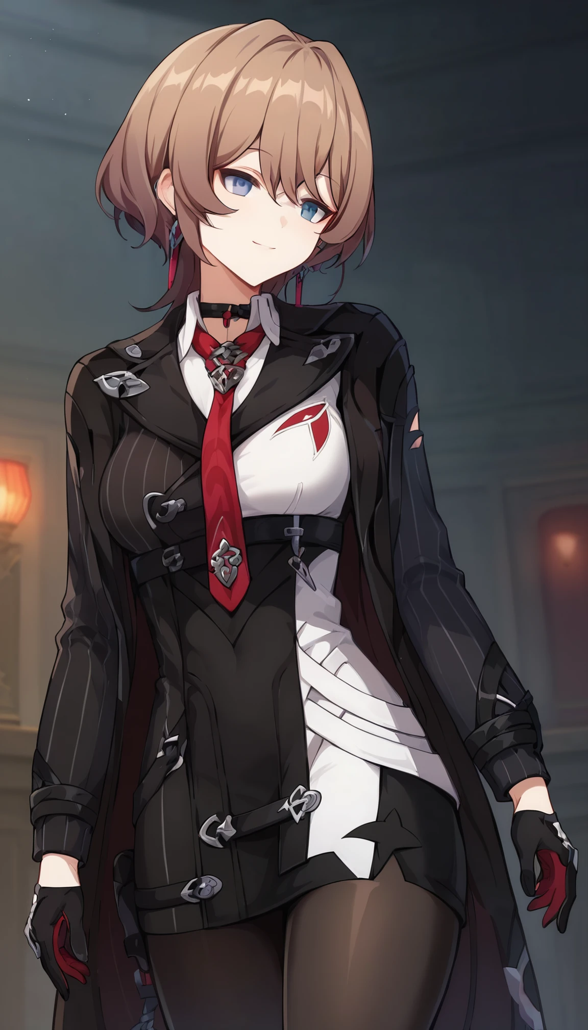 score_9, score_8_up, score_7_up, rating_suggestive, source_anime, 1girl, blue eyes, necktie, black gloves, short hair, red necktie, shirt, jacket, earrings, jewelry, pantyhose, brown hair, light smile, white shirt, long sleeves, black jacket, breasts, choker, coat on shoulders, black pantyhose, hair between eyes, medium breasts, collared shirt, looking to the side, jacket on shoulders, coat