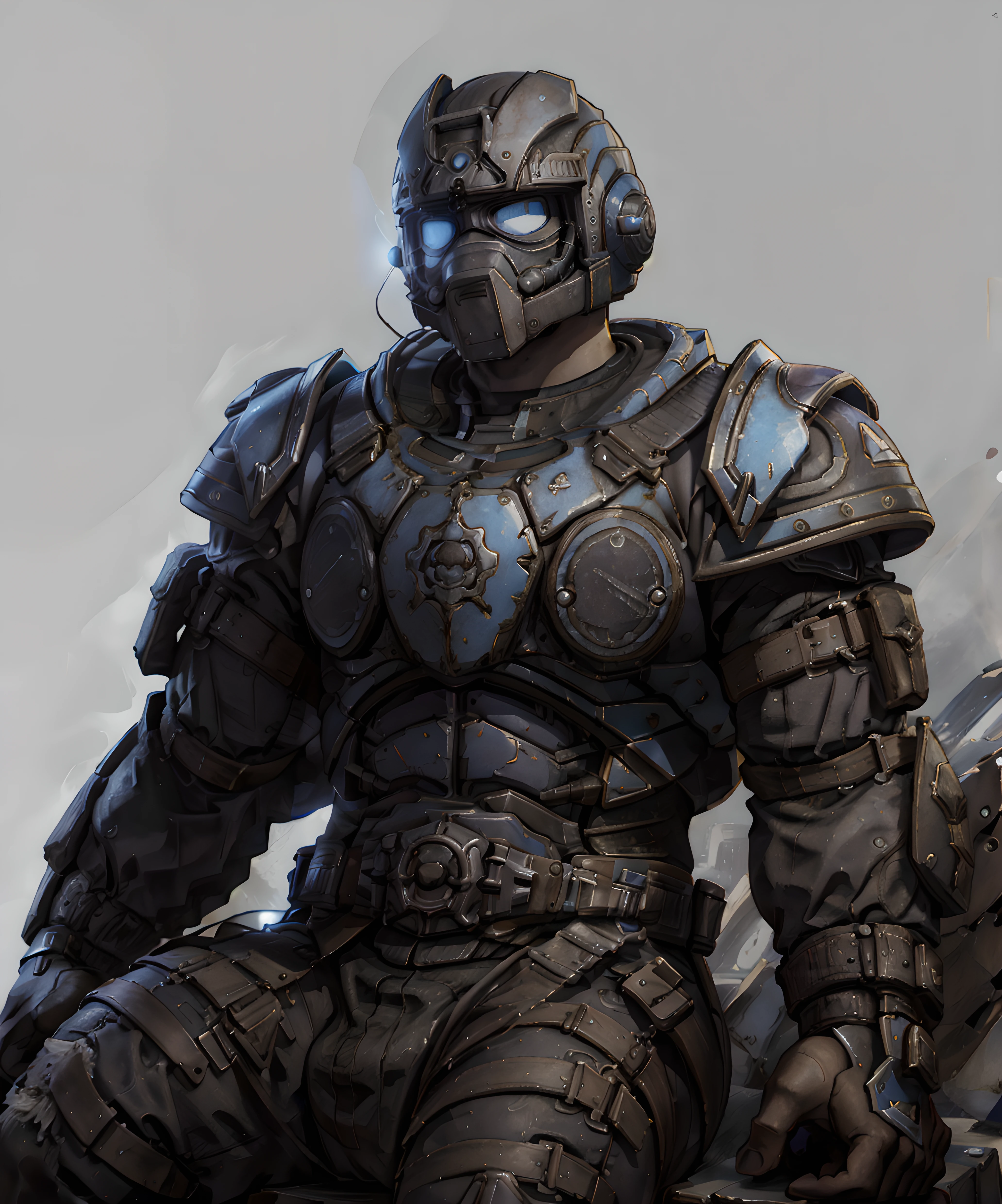 <lora:Anthony_Carmine:0.8> anthony_carmine, helmet, armor, looking at viewer, sitting, simple background