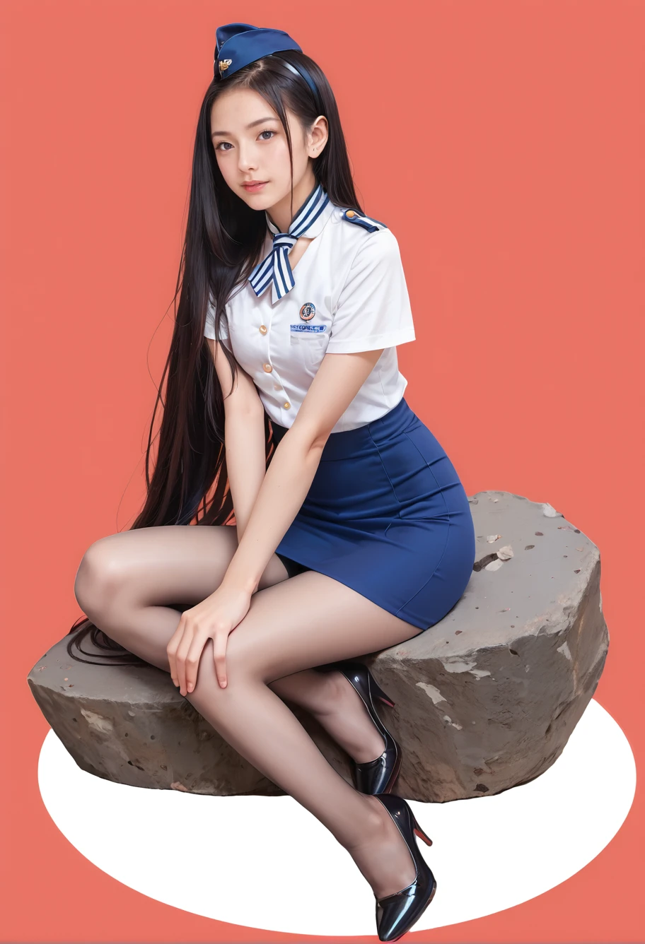 score_9,score_8_up,score_7_up,
very long hair,black hair,1girl,solo,red background,full body,sitting on rock,,ruanyi0434,blue skirt,uniform,white shirt,miniskirt,stewardess hat,pantyhose,<lora:0434 stewardess_v1_pony:0.8>