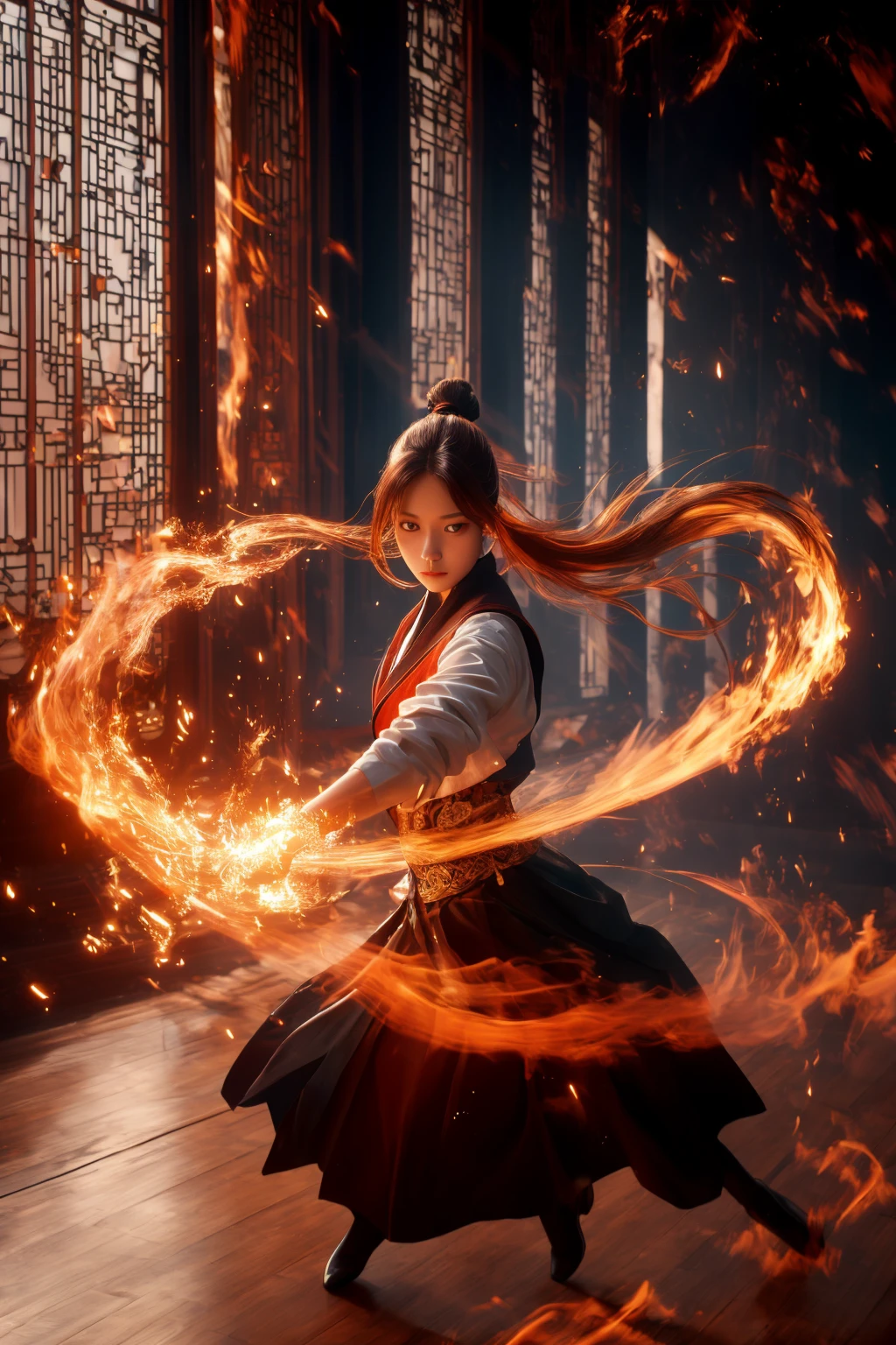 orang-aura,using orang-magic,orang-magic,ancient-costume,dancing,solo,1girl,fire,long hair,ponytail,<lora:magic_fighting_768:0.8>,