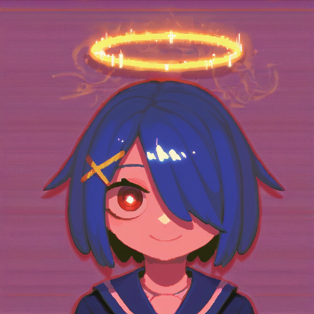 score_9, score_8_up, score_7_up, score_6_up, score_5_up,score_4_up,Pixel art,{glitch art},1girl,solo,:3,{{mesugaki}},[naughty face],medium hair,halo,[x hair ornament],[[hollow eyes]],dark blue eyes,dark blue hair,{hair over one eye},[perfect oval iris],long sleeves,long sailor collar,mosaic,[The background features a Weird Core style], <lora:lvziXL:0.7>