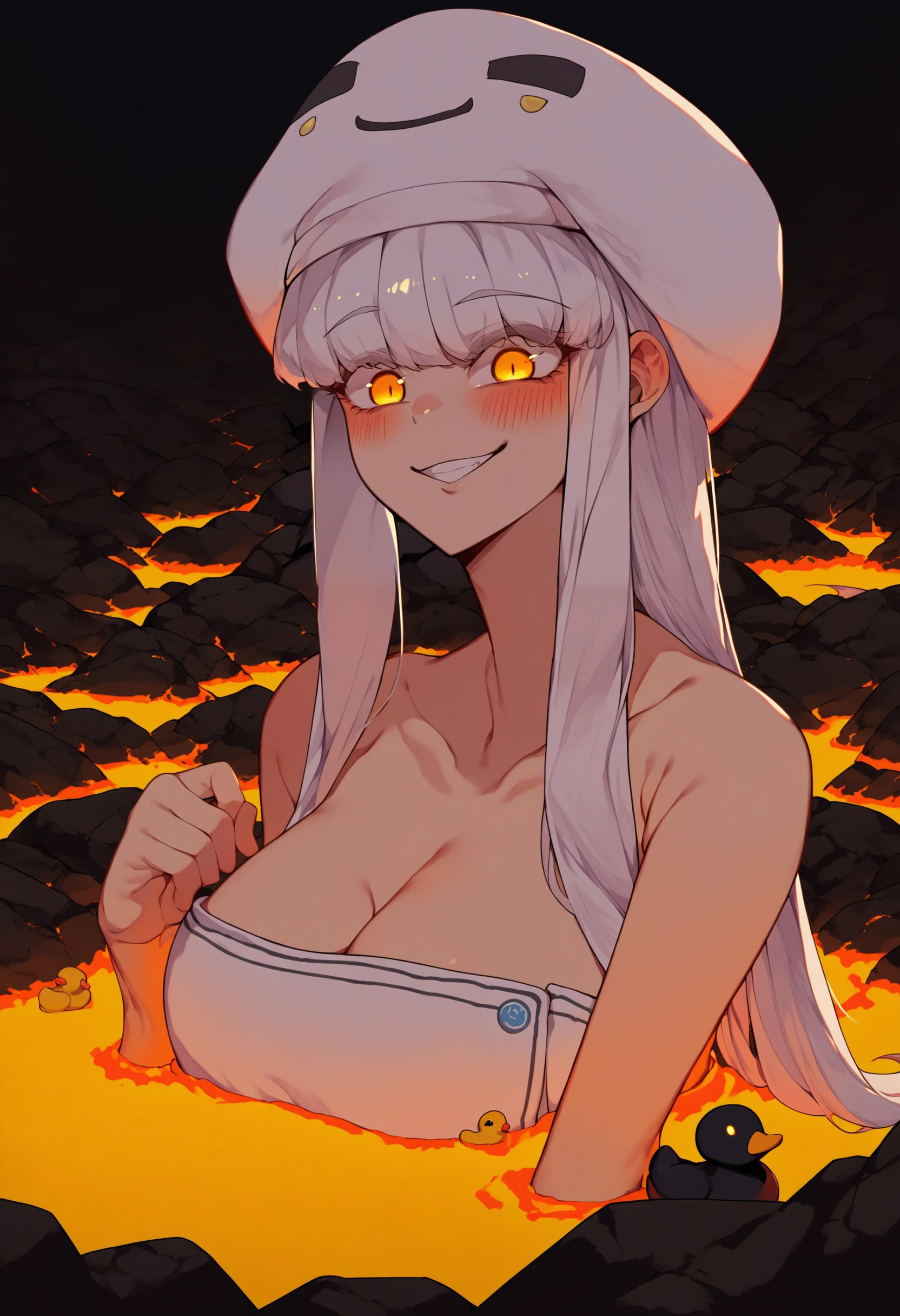 score_9, score_8_up, score_7_up, source_anime, 1girl, Ghast-chan, long hair, white hair, yellow eyes, large breasts, hat, <lora:Ghast_XLPD:1>, hell, magma, lava, rock, dark environment, bathing in magma, rubber duck, submerged, smile, blush, towel,