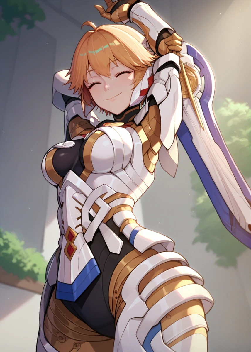 1girl, <lora:fiora_Xb_Autism_v1:1>, (fiora_mech), solo, (medium breasts:1.0), (sagging breasts:0.2), (cowboy shot:1.2), short hair, armor, bodysuit, (stretching:1.1), (from_below:1.1), smile,
best quality, masterpiece, (score_9), (score_8_up), (score_7_up), source_anime, (anime), (anime screencap:1.0), anime coloring,